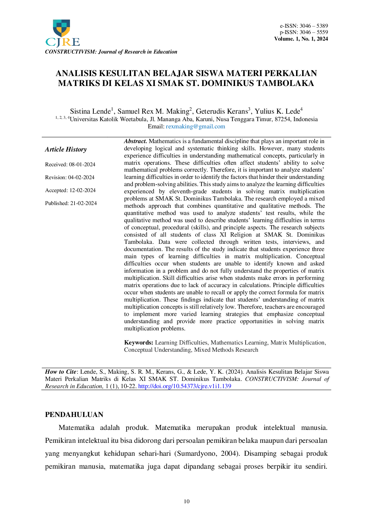 JURIS Analisis Kesulitan Belajar Siswa Materi Perkalian Matriks di Kelas XI SMAK ST Dominikus Tambolaka