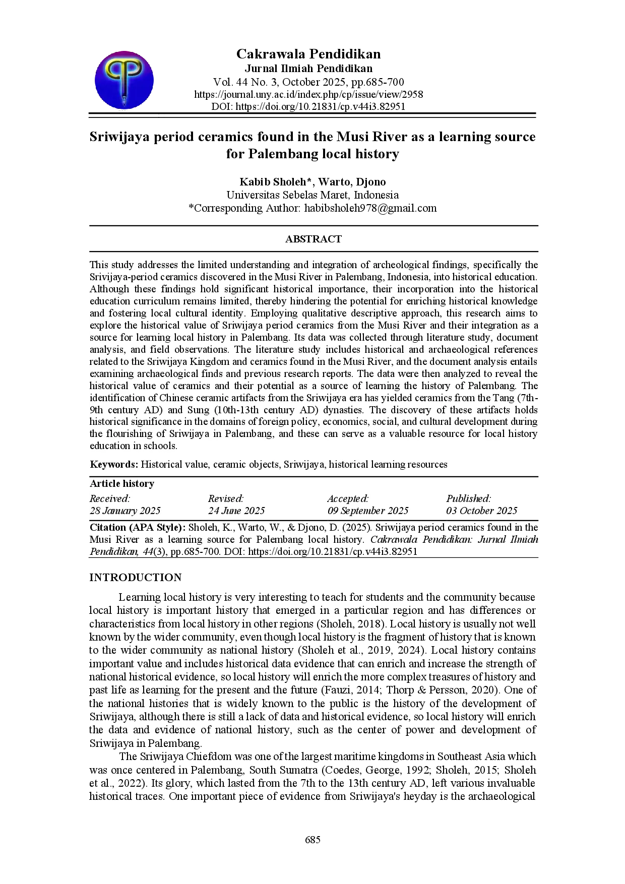 juris Sriwijaya period ceramics found in the Musi River as a learning source for Palembang local history