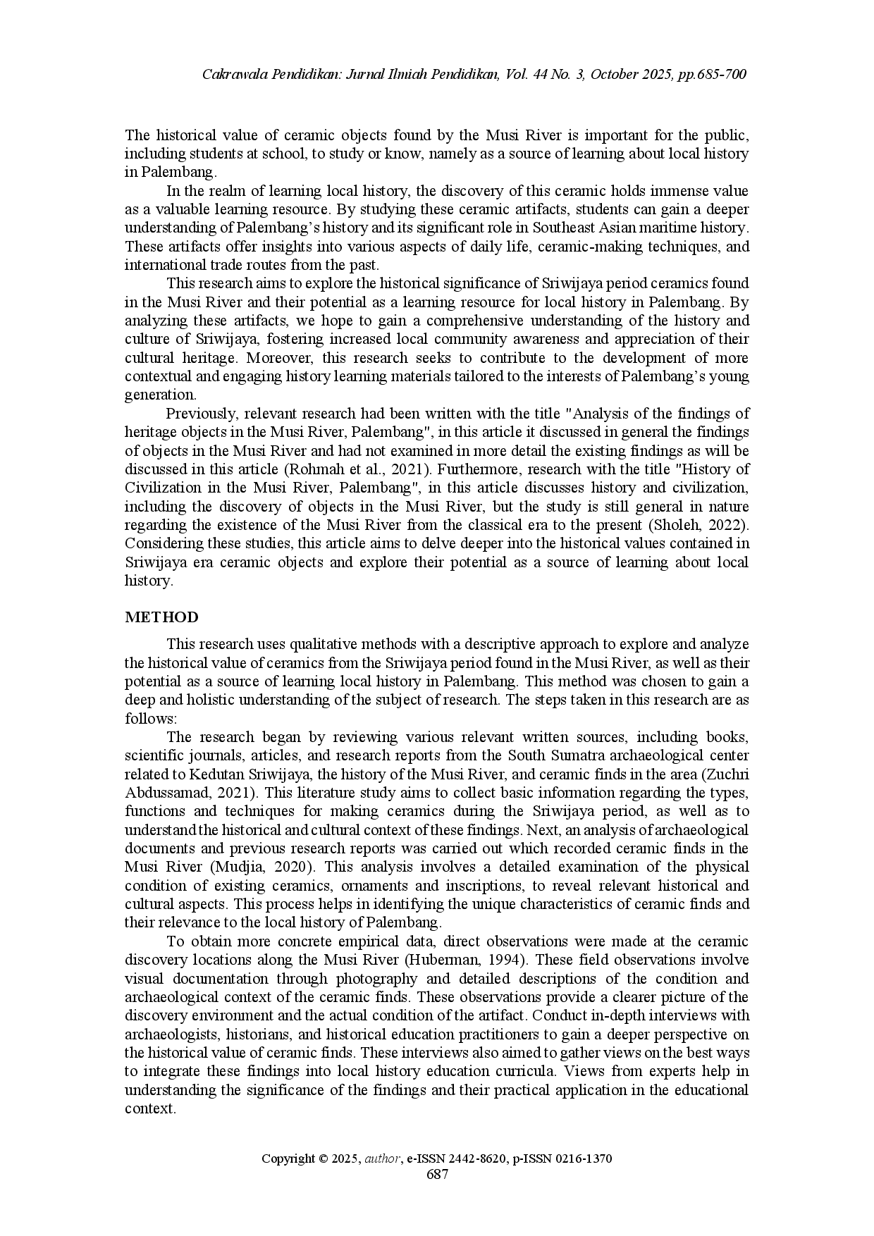 juris Sriwijaya period ceramics found in the Musi River as a learning source for Palembang local history