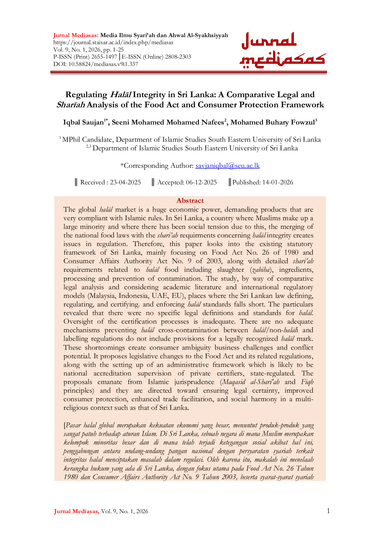 JURIS Regulating Halal Integrity in Sri Lanka A Comparative Legal and Shariah Analysis of the Food Act and Consumer Protection Framework