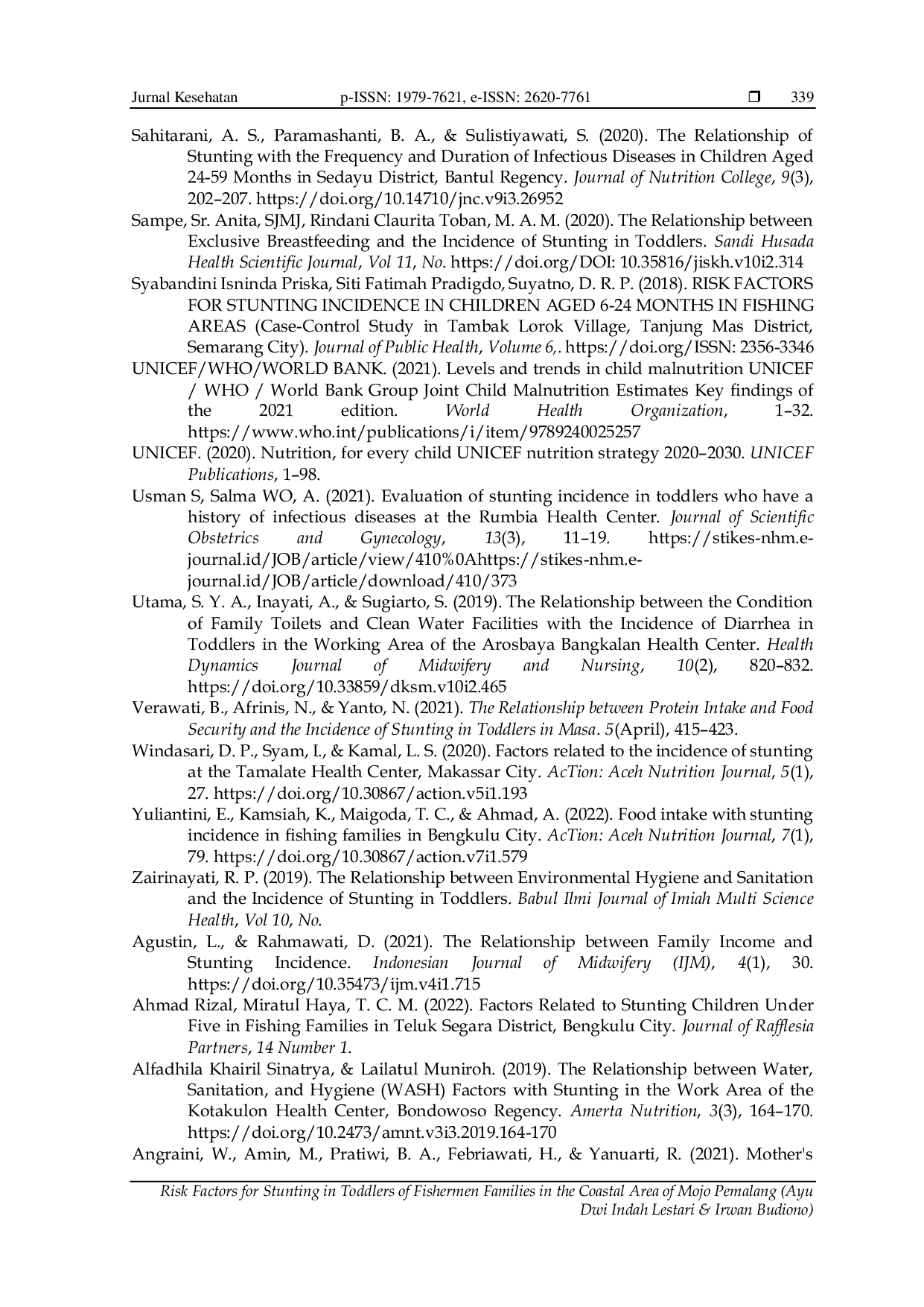 JURIS Risk Factors for Stunting in Toddlers of Fishermen Families in the Coastal Area of Mojo Pemalang