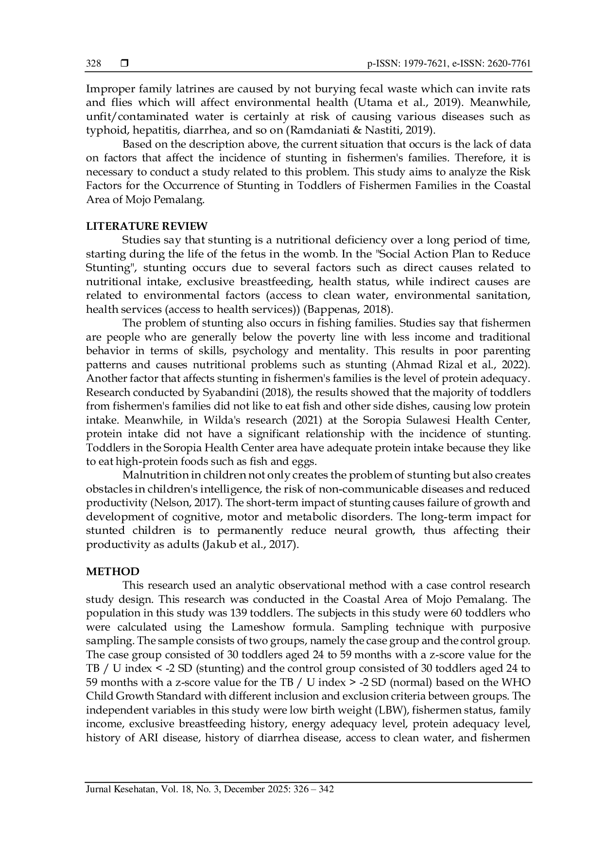JURIS Risk Factors for Stunting in Toddlers of Fishermen Families in the Coastal Area of Mojo Pemalang