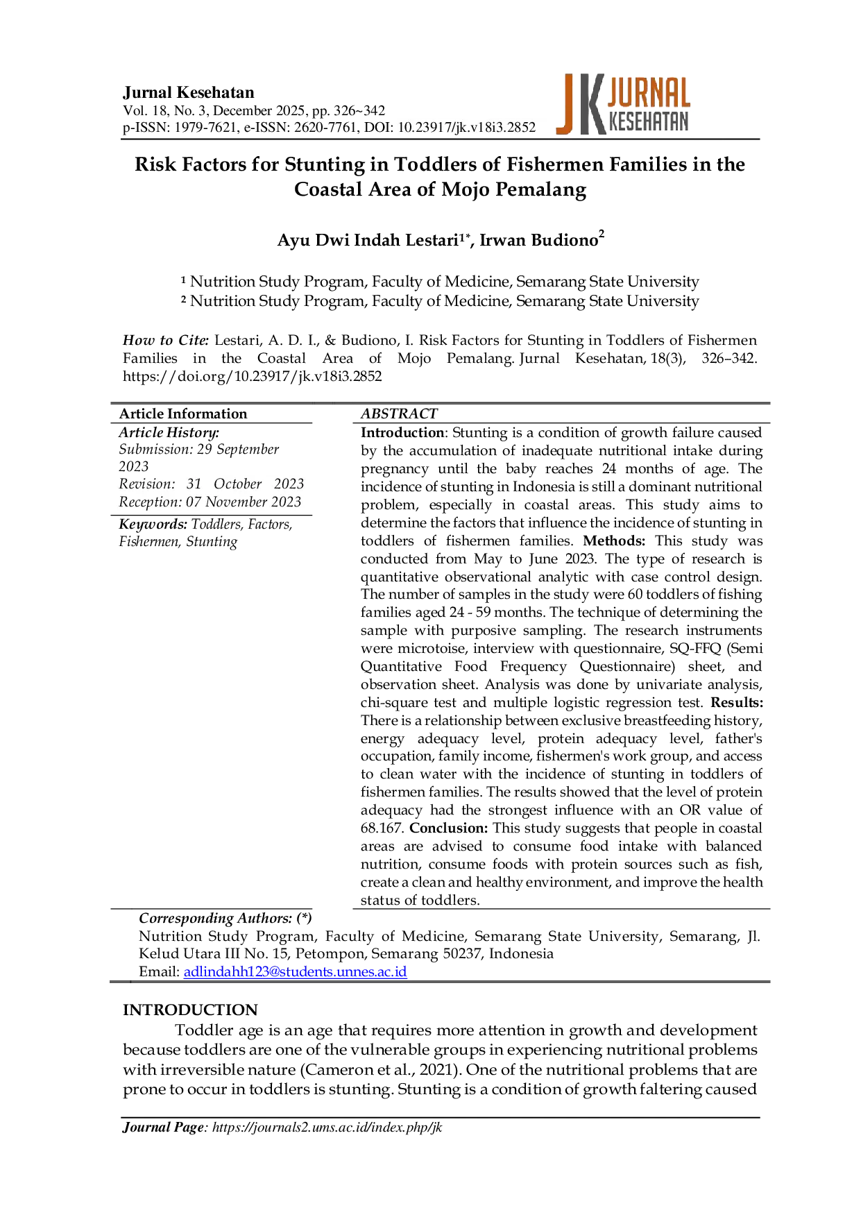 JURIS Risk Factors for Stunting in Toddlers of Fishermen Families in the Coastal Area of Mojo Pemalang
