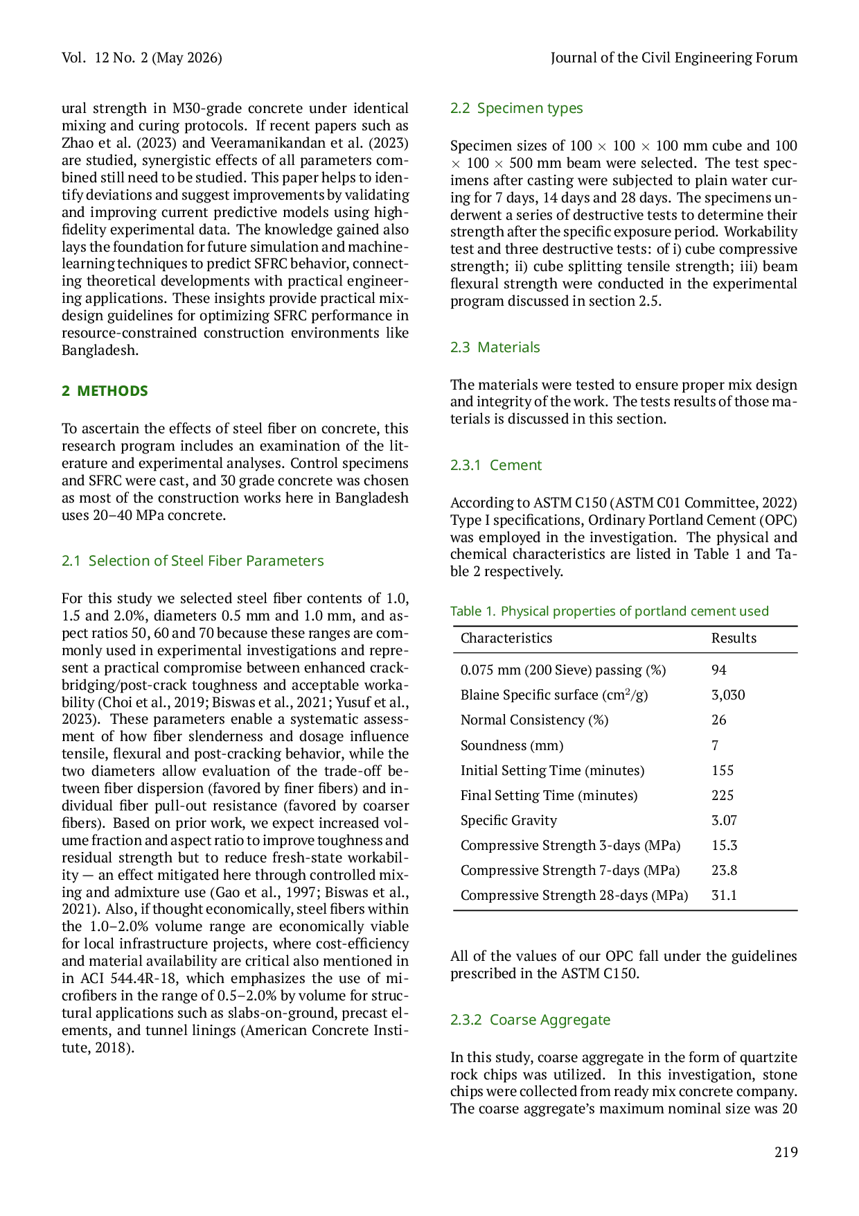 JURIS Experimental Investigation of Steel Fiber Diameter Volume Fraction and Aspect Ratio on Concrete Mechanical Behavior