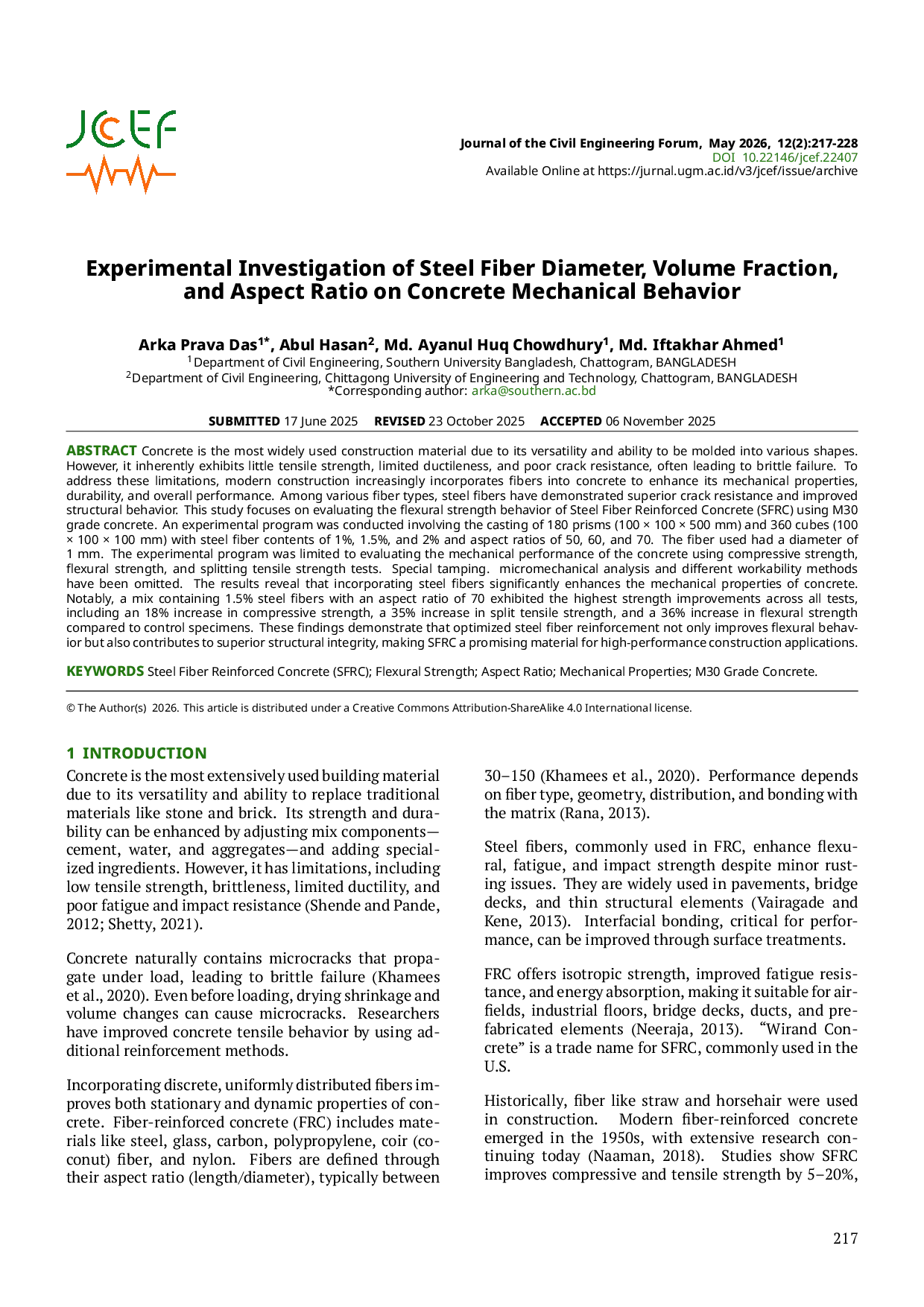 JURIS Experimental Investigation of Steel Fiber Diameter Volume Fraction and Aspect Ratio on Concrete Mechanical Behavior
