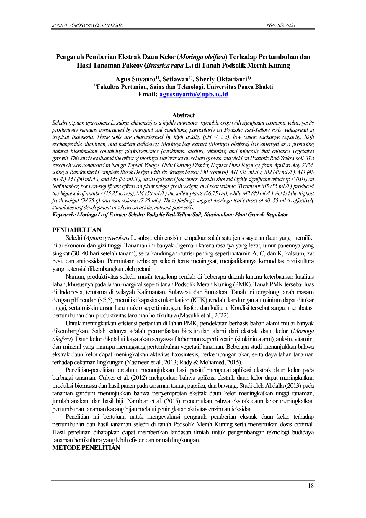 JURIS Pengaruh Pemberian Ekstrak Daun Kelor Moringa oleifera Terhadap Pertumbuhan dan Hasil Tanaman Pakcoy Brassica rapa L di Tanah Podsolik Merah Kuning