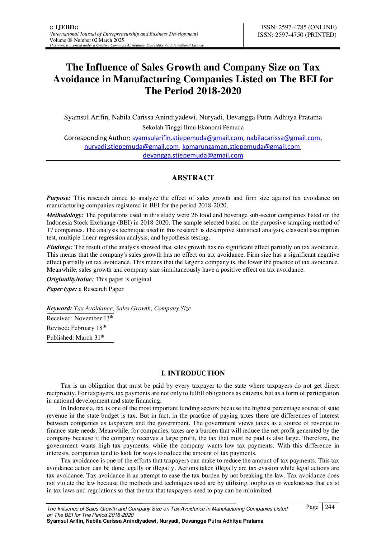 JURIS The Influence of Sales Growth and Company Size on Tax Avoidance in Manufacturing Companies Listed on The BEI for The Period 2018 2020