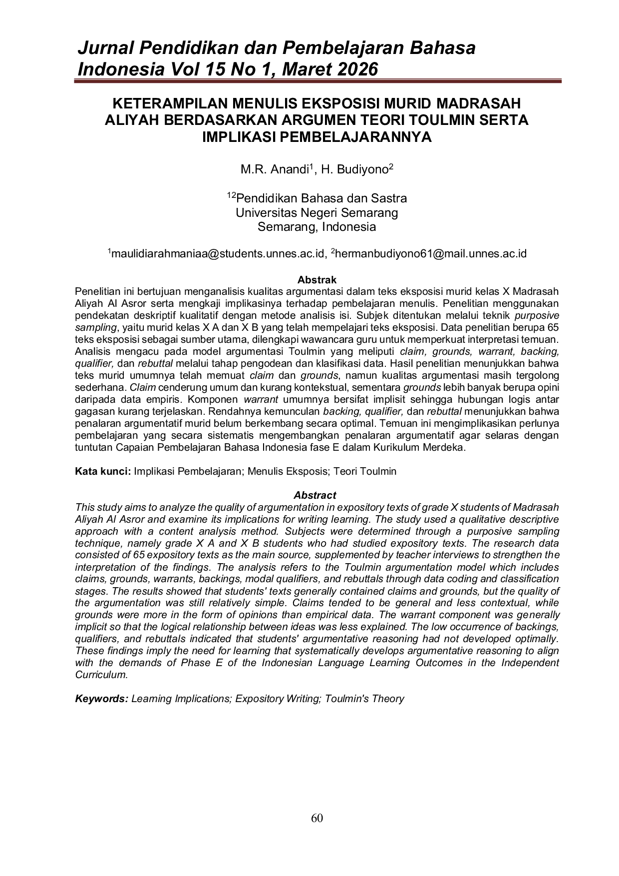 JURIS Keterampilan Menulis Eksposisi Murid Madrasah Aliyah Berdasarkan Argumen Teori Toulmin Serta Implikasi Pembelajaran Nya