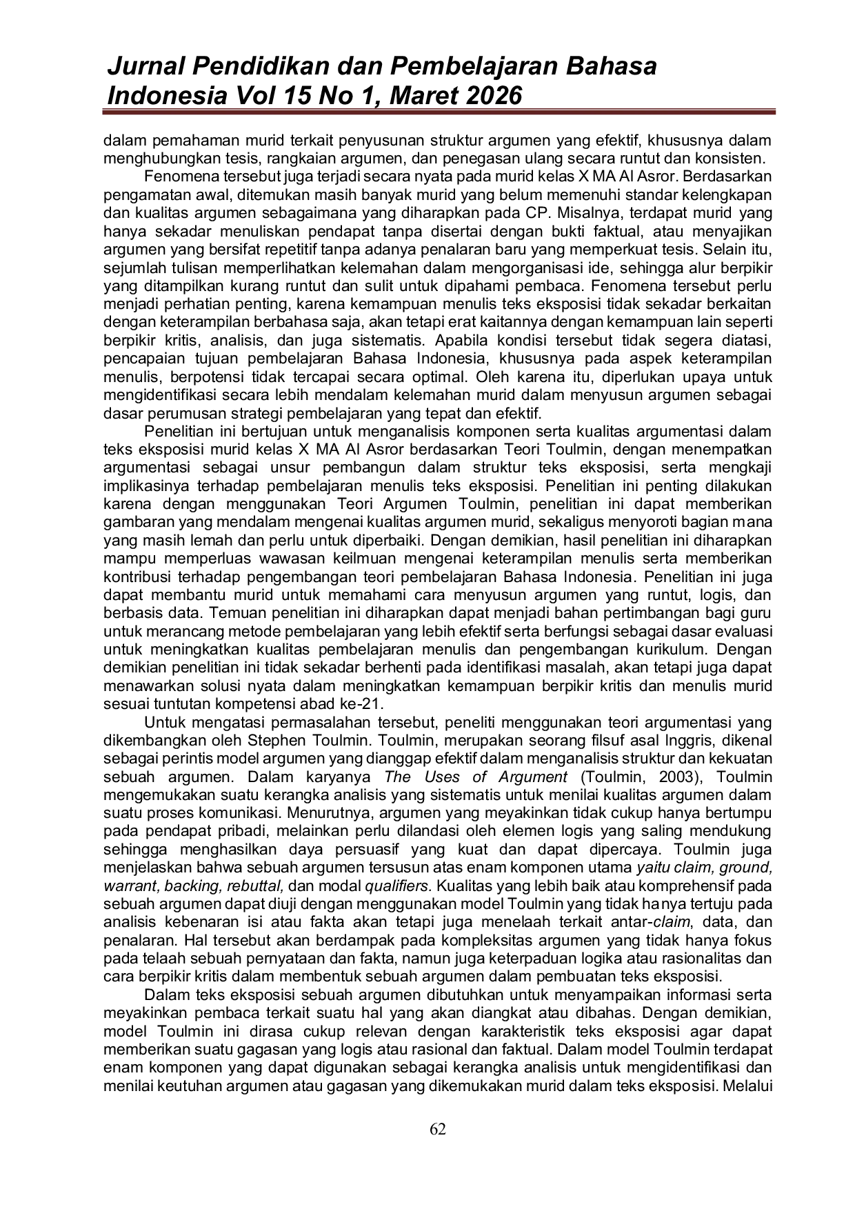 JURIS Keterampilan Menulis Eksposisi Murid Madrasah Aliyah Berdasarkan Argumen Teori Toulmin Serta Implikasi Pembelajaran Nya