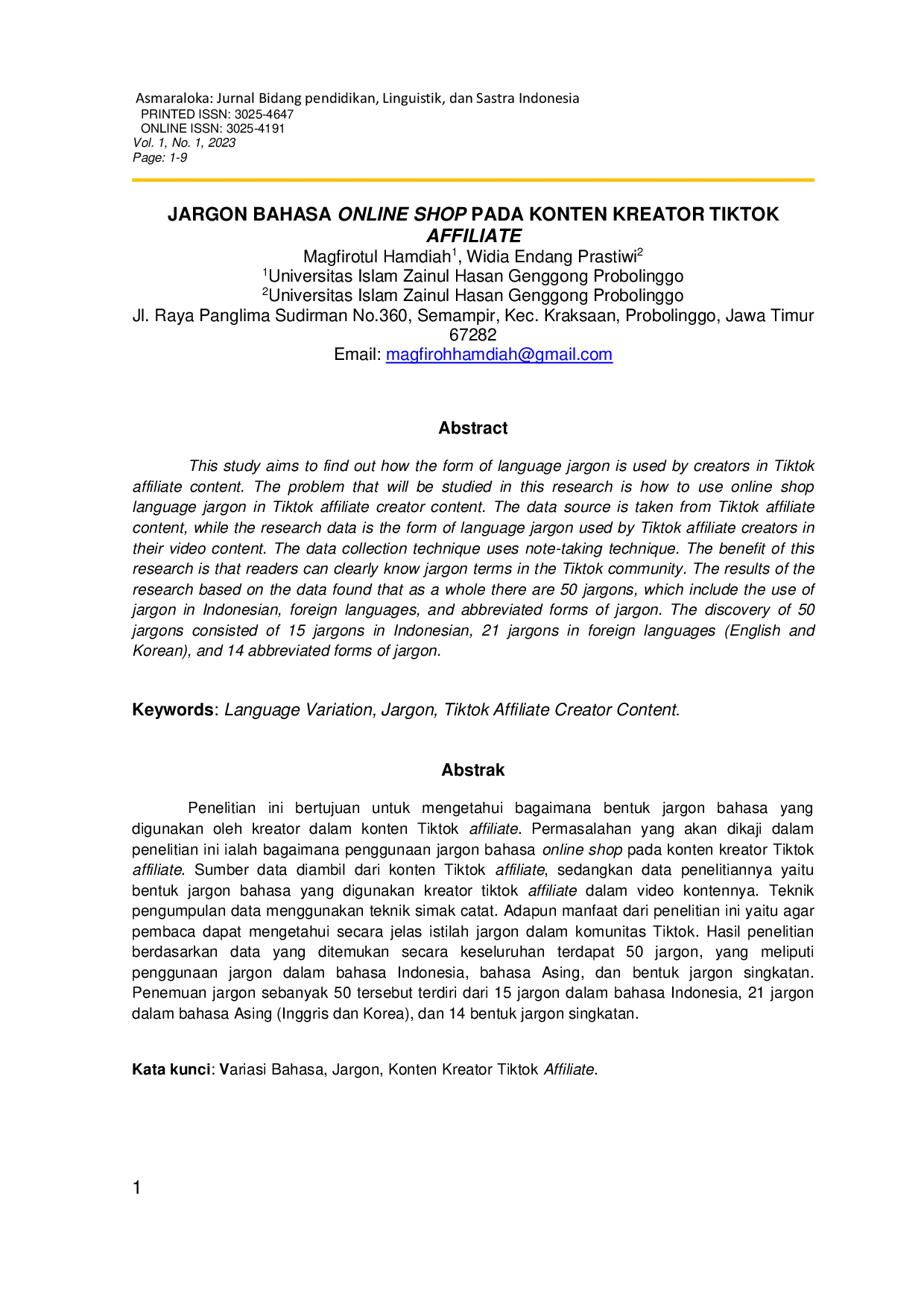 JURIS Jargon Bahasa Online Shop Pada Konten Kreator TikTok Affiliate