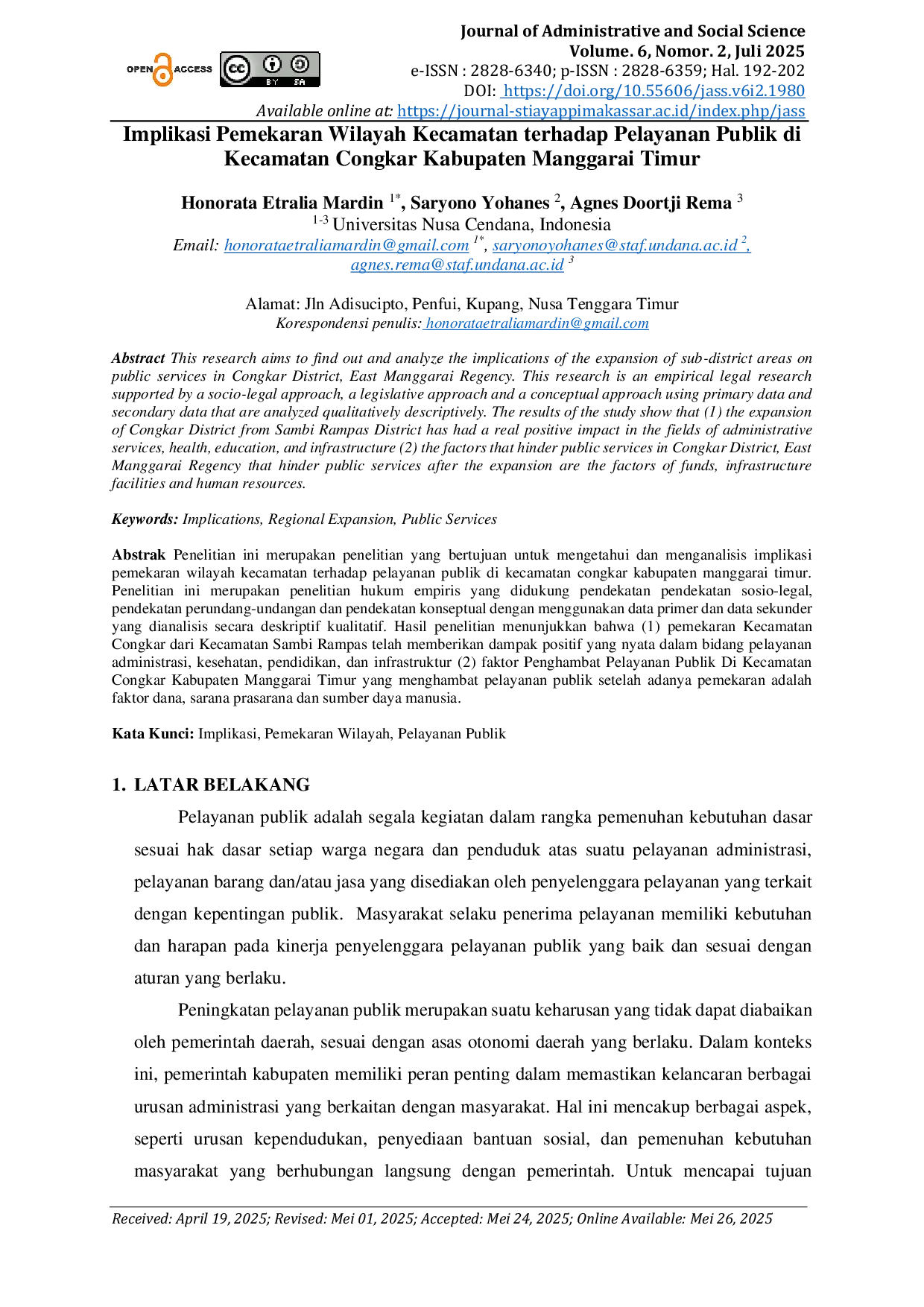 JURIS Implikasi Pemekaran Wilayah Kecamatan Terhadap Pelayanan Publik Di Kecamatan Congkar Kabupaten Manggarai Timur