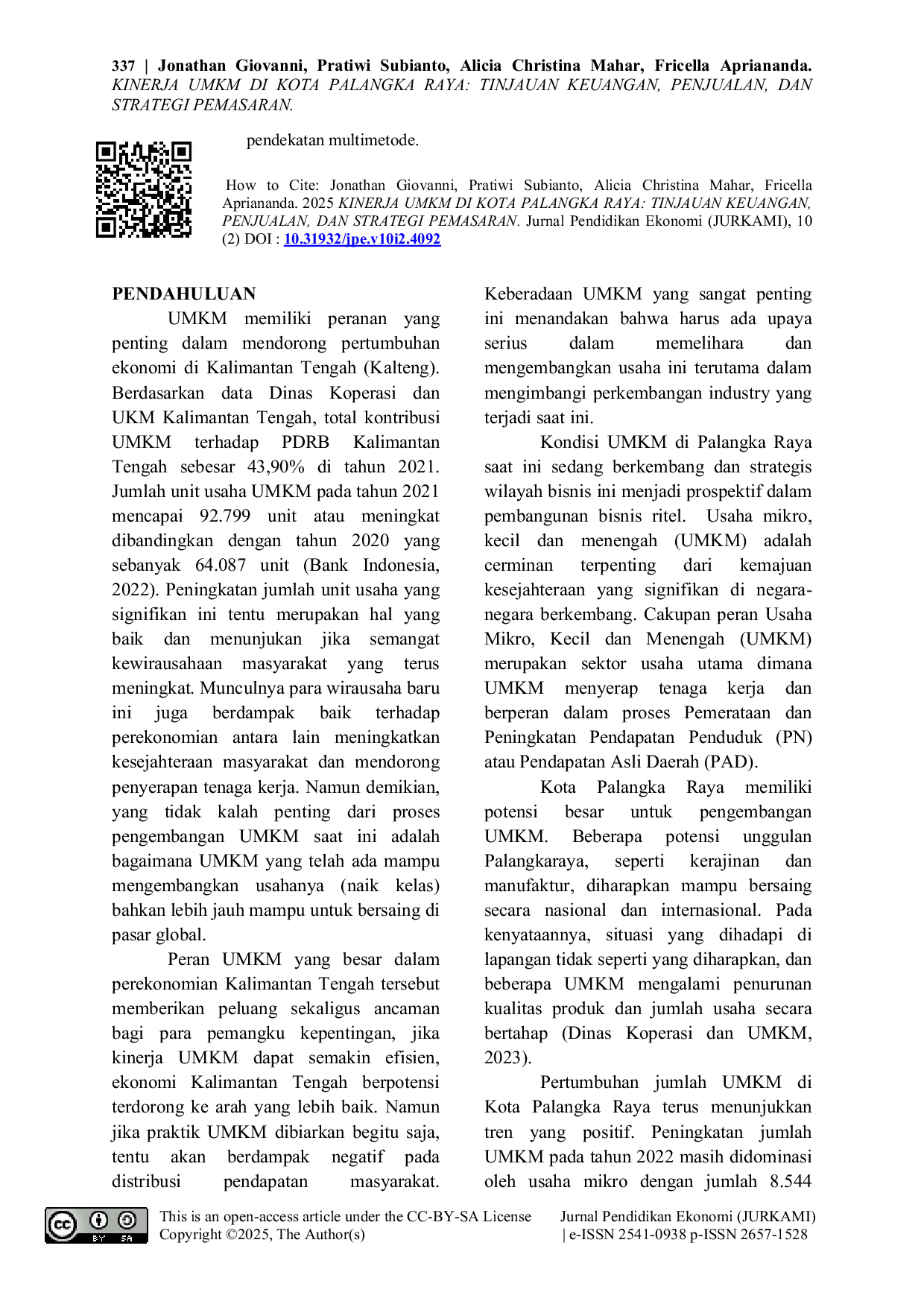 JURIS Kinerja UMKM di Kota Palangka Raya Tinjauan Keuangan Penjualan dan Strategi Pemasaran