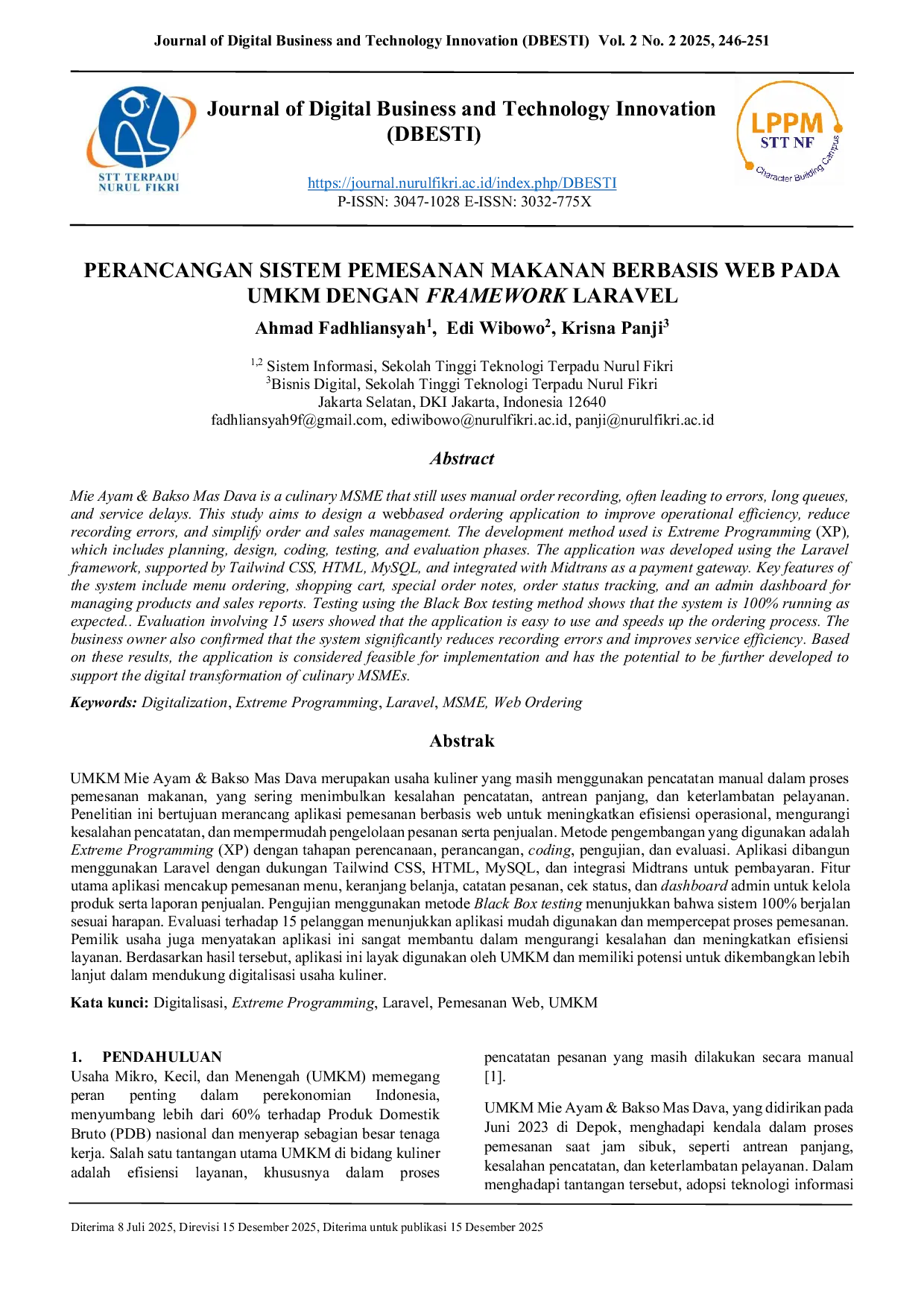 JURIS Development of a Web Based Food Ordering System for MSMEs Using the Laravel Framework