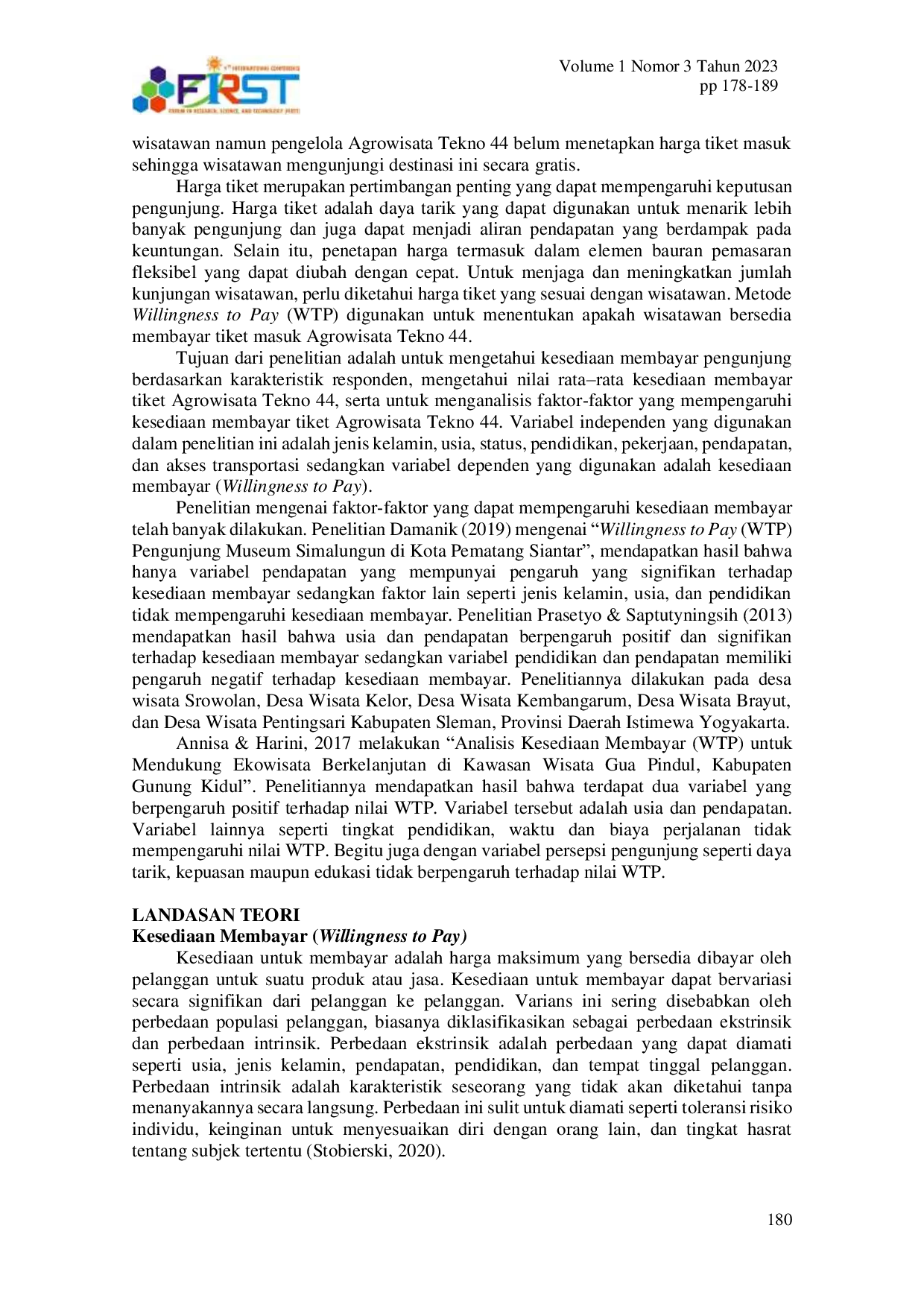 JURIS Analisis Kesediaan Membayar Willingness To Pay Tiket Agrowisata Tekno 44 Desa Gelebak Dalam Kabupaten Banyuasin Sumatera Selatan