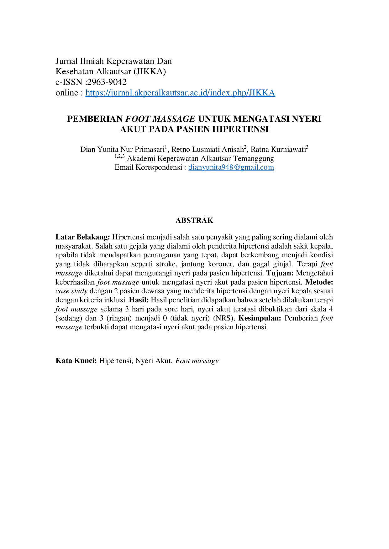 JURIS Pemberian Foot Massage Untuk Mengatasi Nyeri Akut Pada Pasien Hipertensi