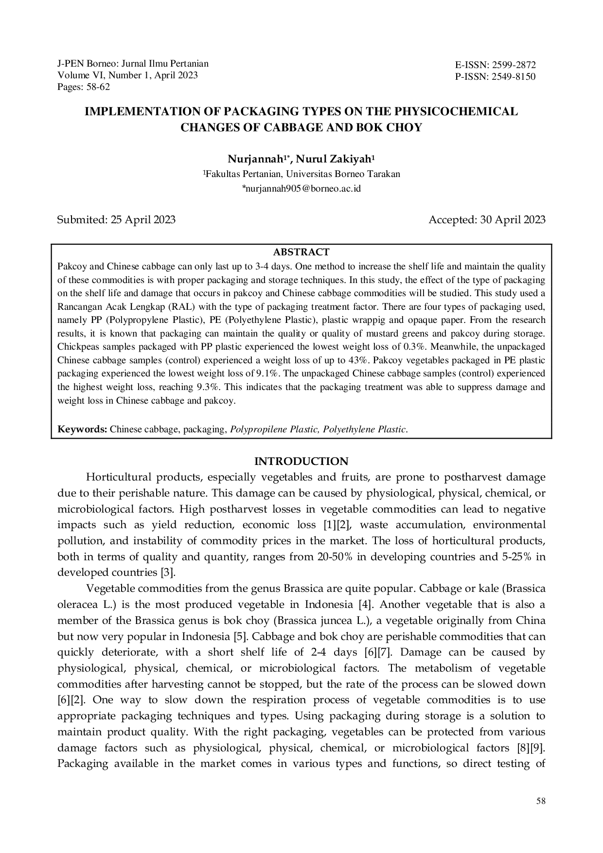 JURIS Implementation Of Packaging Types On The Physicochemical Changes Of Cabbage And Bok Choy