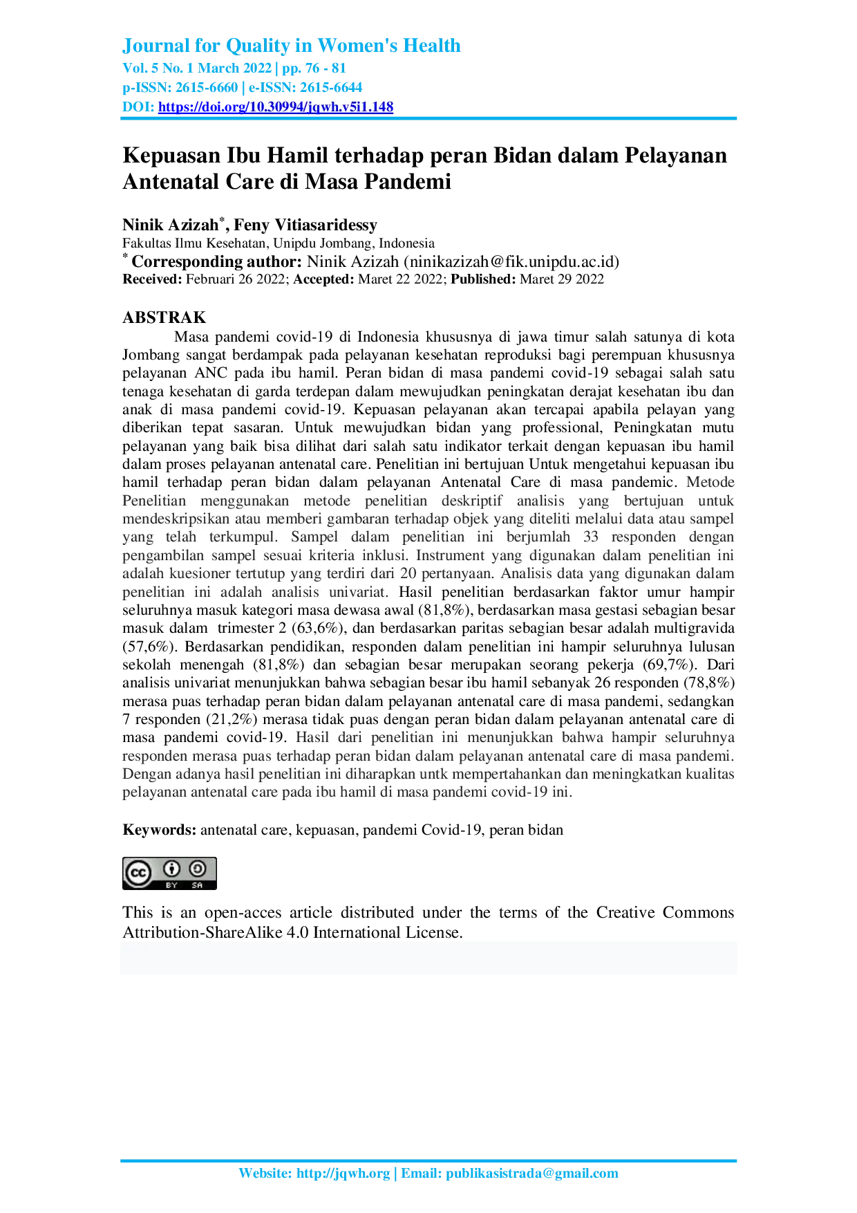 JURIS Kepuasan Ibu Hamil terhadap peran Bidan dalam Pelayanan Antenatal Care di Masa Pandemi