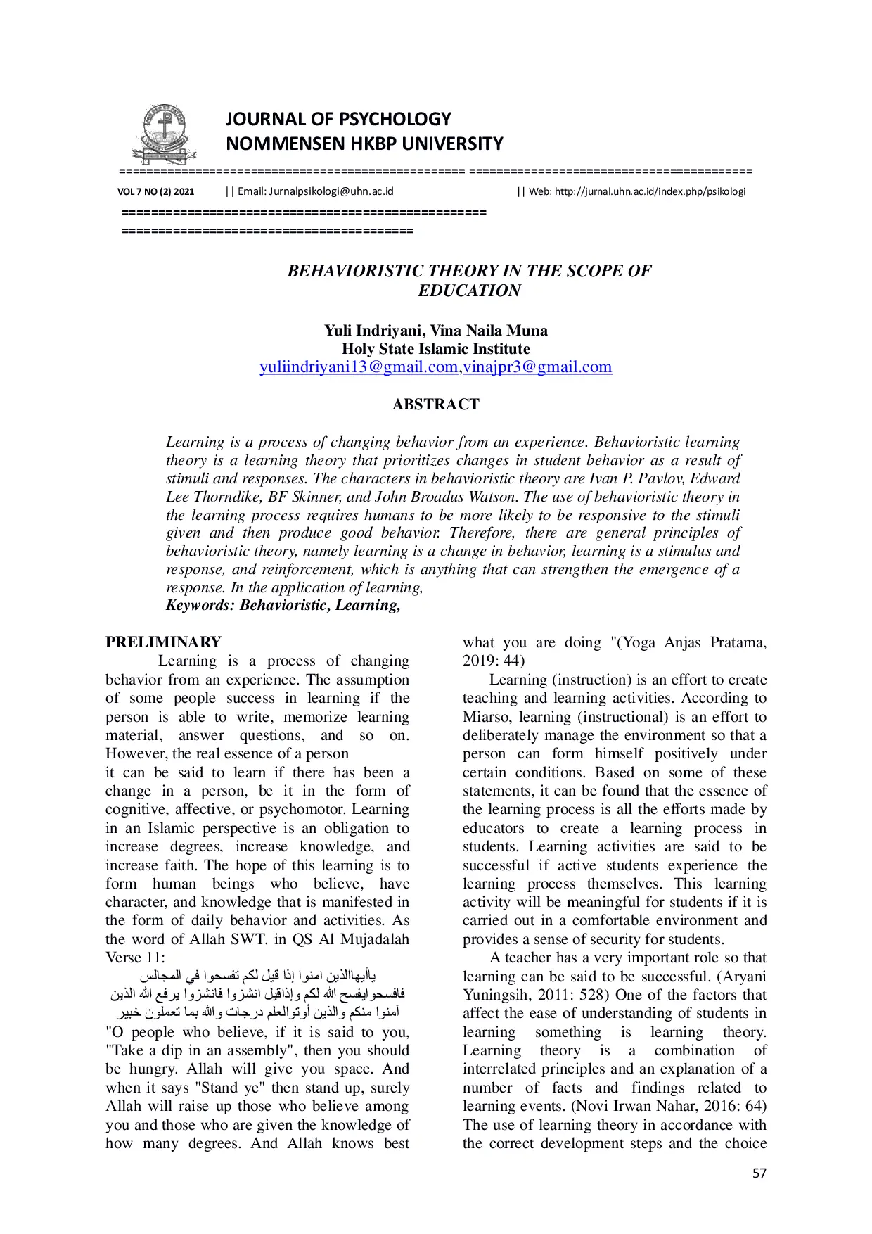 JURIS Behavioristic Theory in the Scope of Education