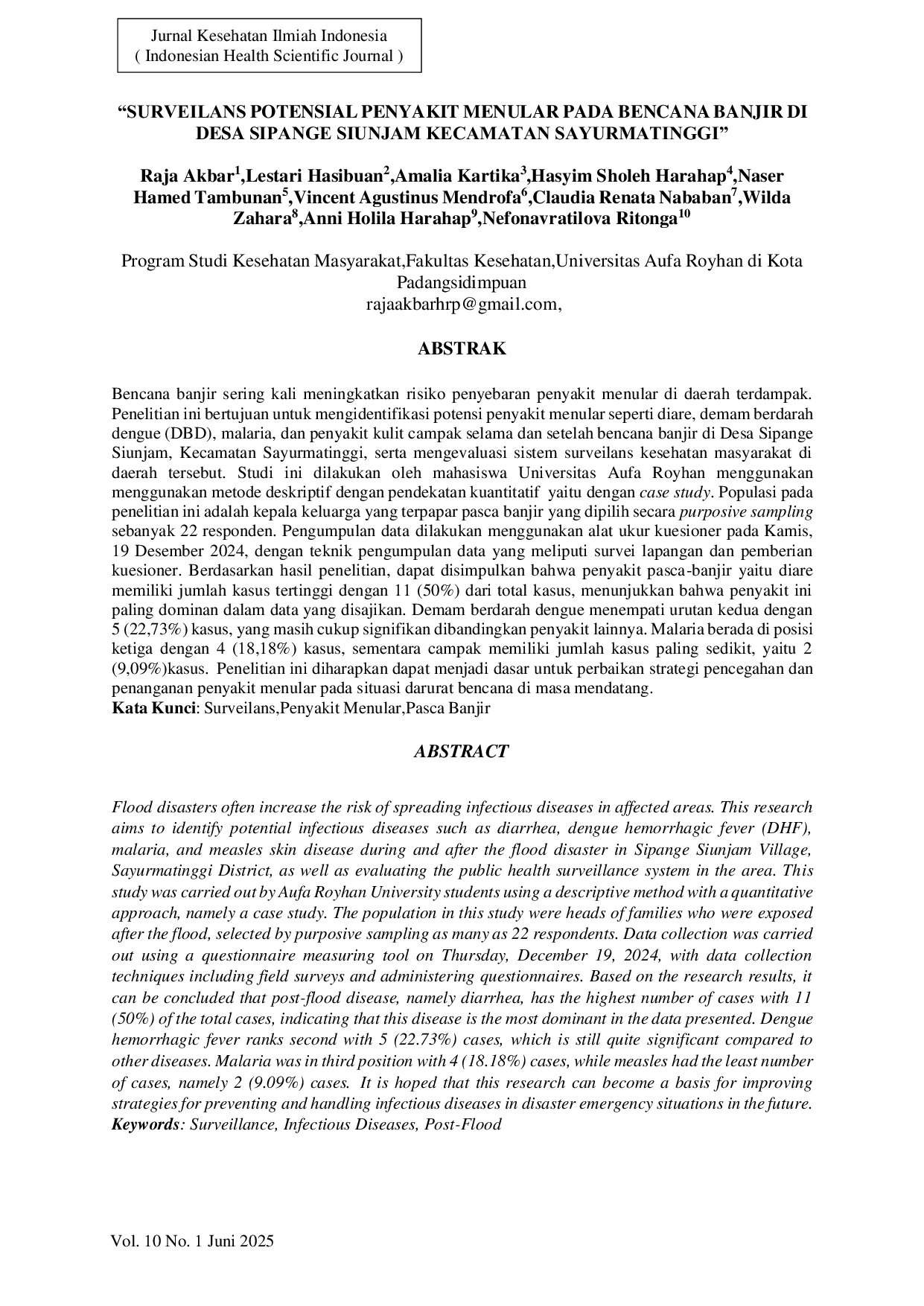 JURIS Surveilans Potensial Penyakit Menular Pada Bencana Banjir Di Desa Sipange Siunjam Kecamatan Sayurmatinggi