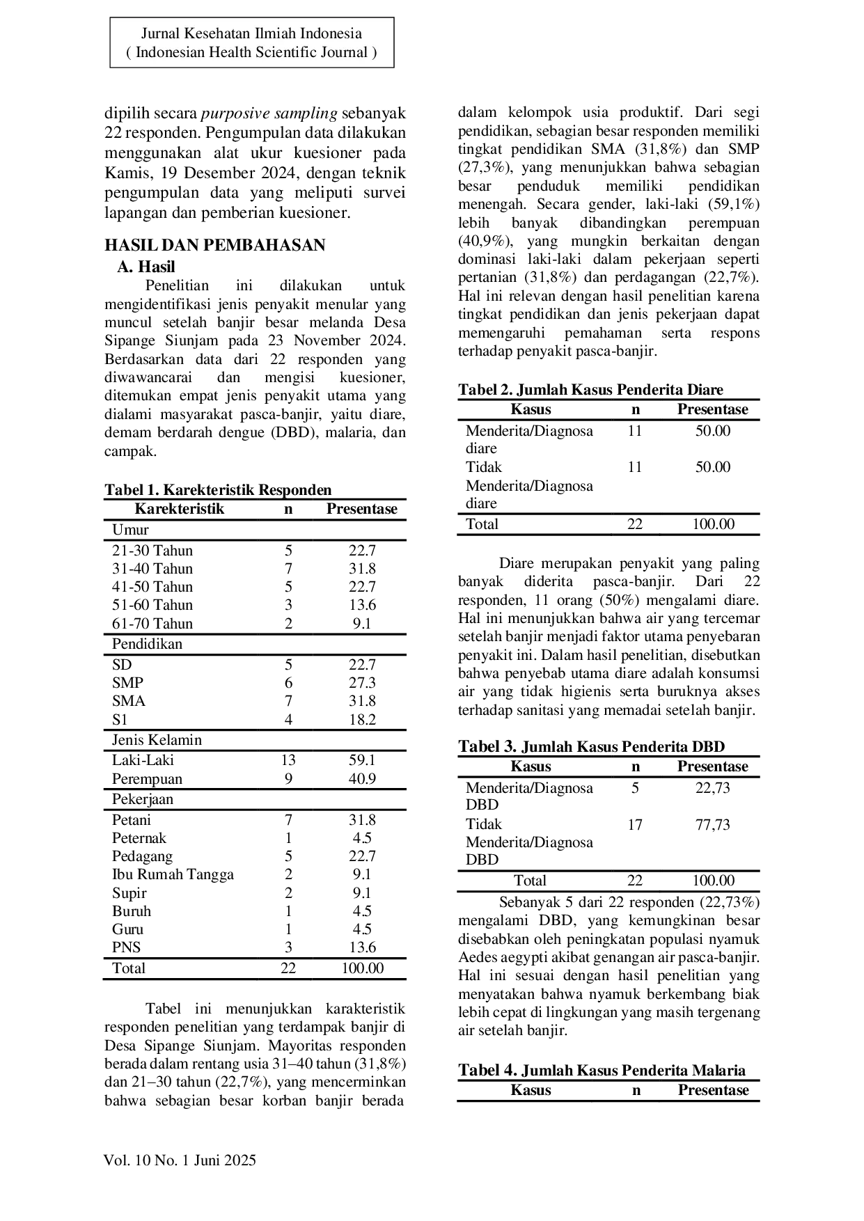 JURIS Surveilans Potensial Penyakit Menular Pada Bencana Banjir Di Desa Sipange Siunjam Kecamatan Sayurmatinggi