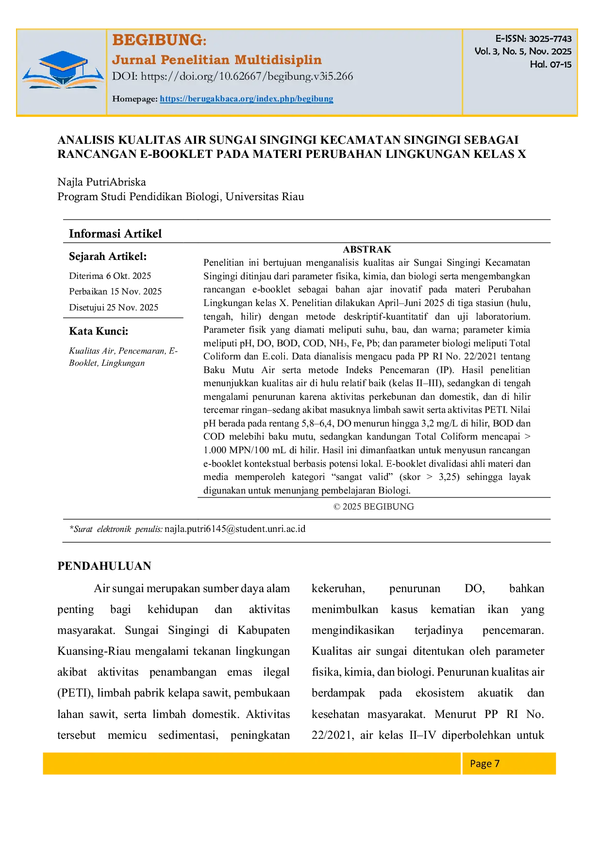JURIS Analisis Kualitas Air Sungai Singingi Kecamatan Singingi Sebagai Rancangan E Booklet Pada Materi Perubahan Lingkungan Kelas X