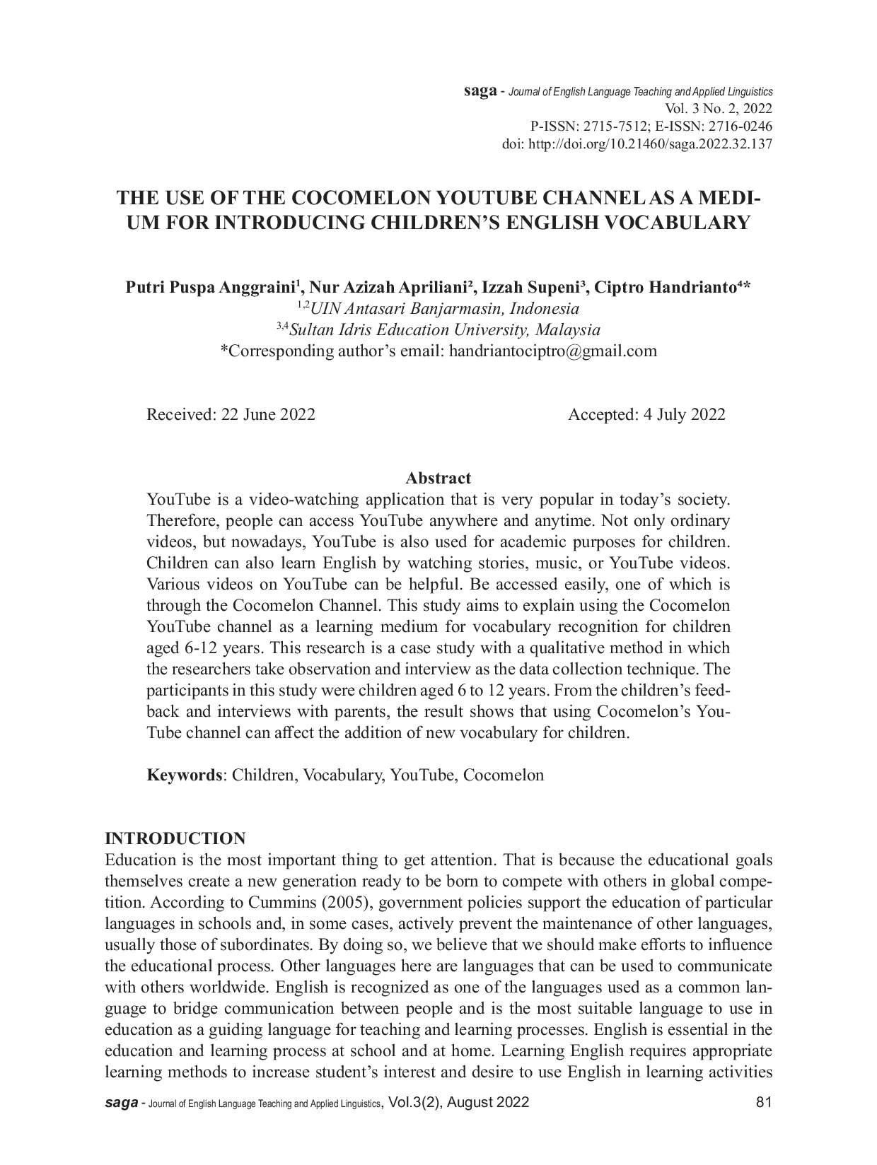 JURIS The Use of the Cocomelon YouTube Channel as a Medium for Introducing Children s English Vocabulary