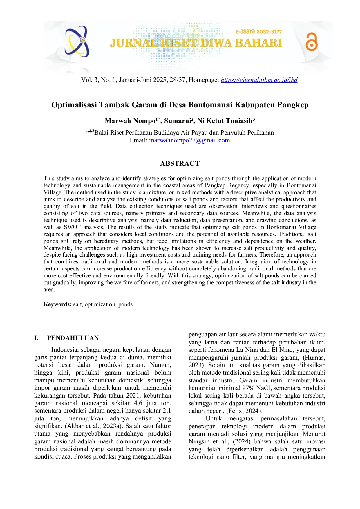 JURIS Optimalisasi Tambak Garam di Desa Bontomanai Kabupaten Pangkep
