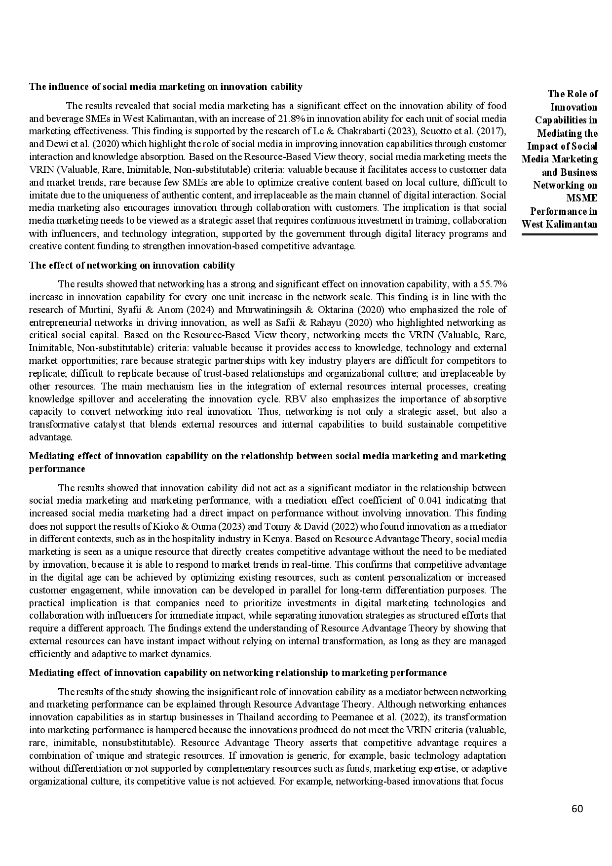 juris The Role of Innovation Capabilities in Mediating the Impact of Social Media Marketing and Business Networking on Msme Performance in West Kalimantan
