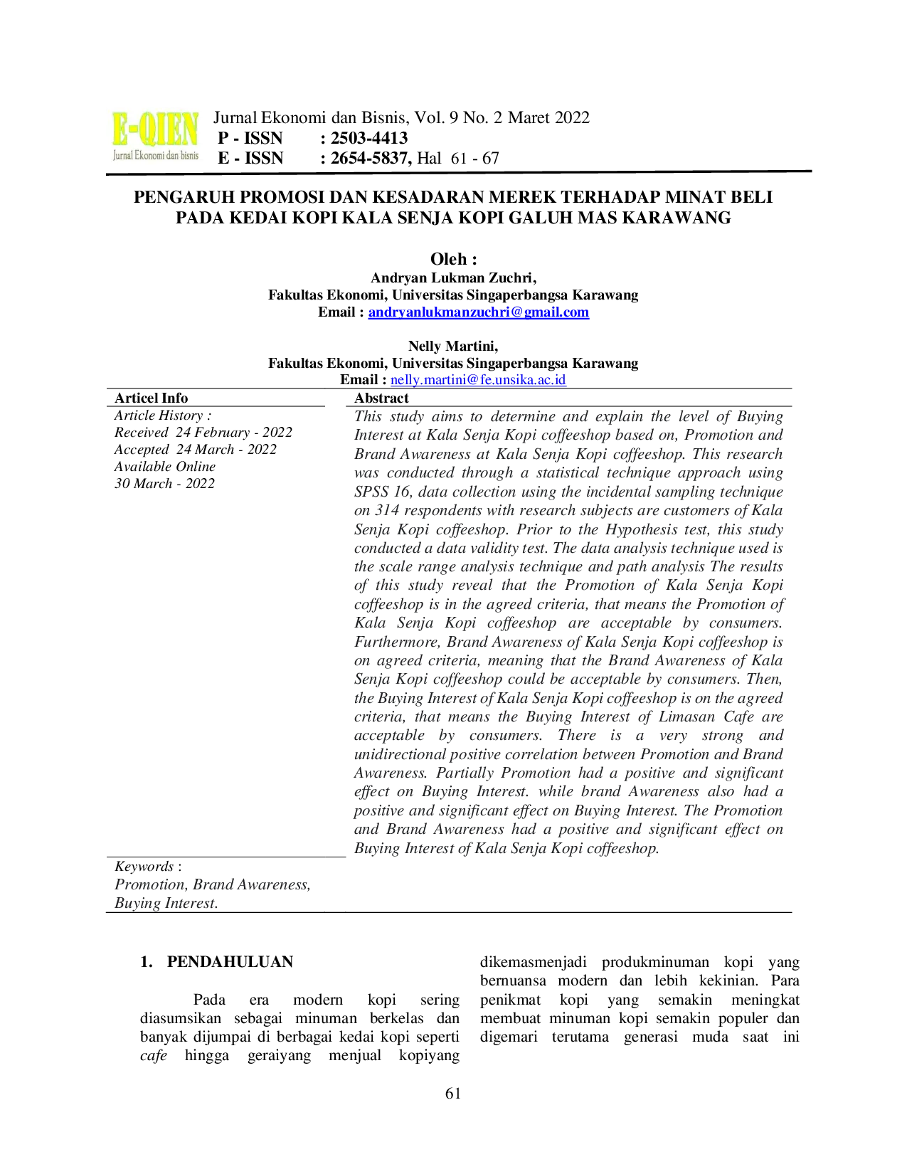 JURIS Pengaruh Promosi dan Kesadaran Merek Terhadap Minat Beli Pada Kedai Kopi Kala Senja Kopi Galuh Mas Karawang