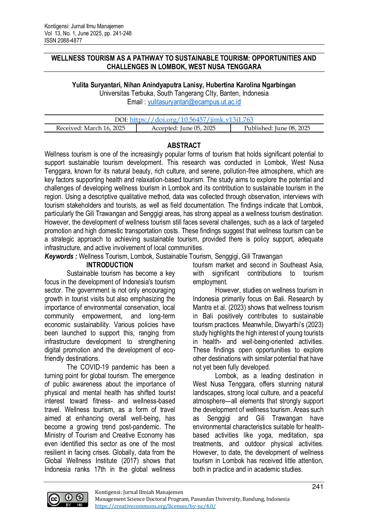 JURIS Wellness Tourism as a Pathway to Sustainable Tourism Opportunities and Challenges in Lombok West Nusa Tenggara