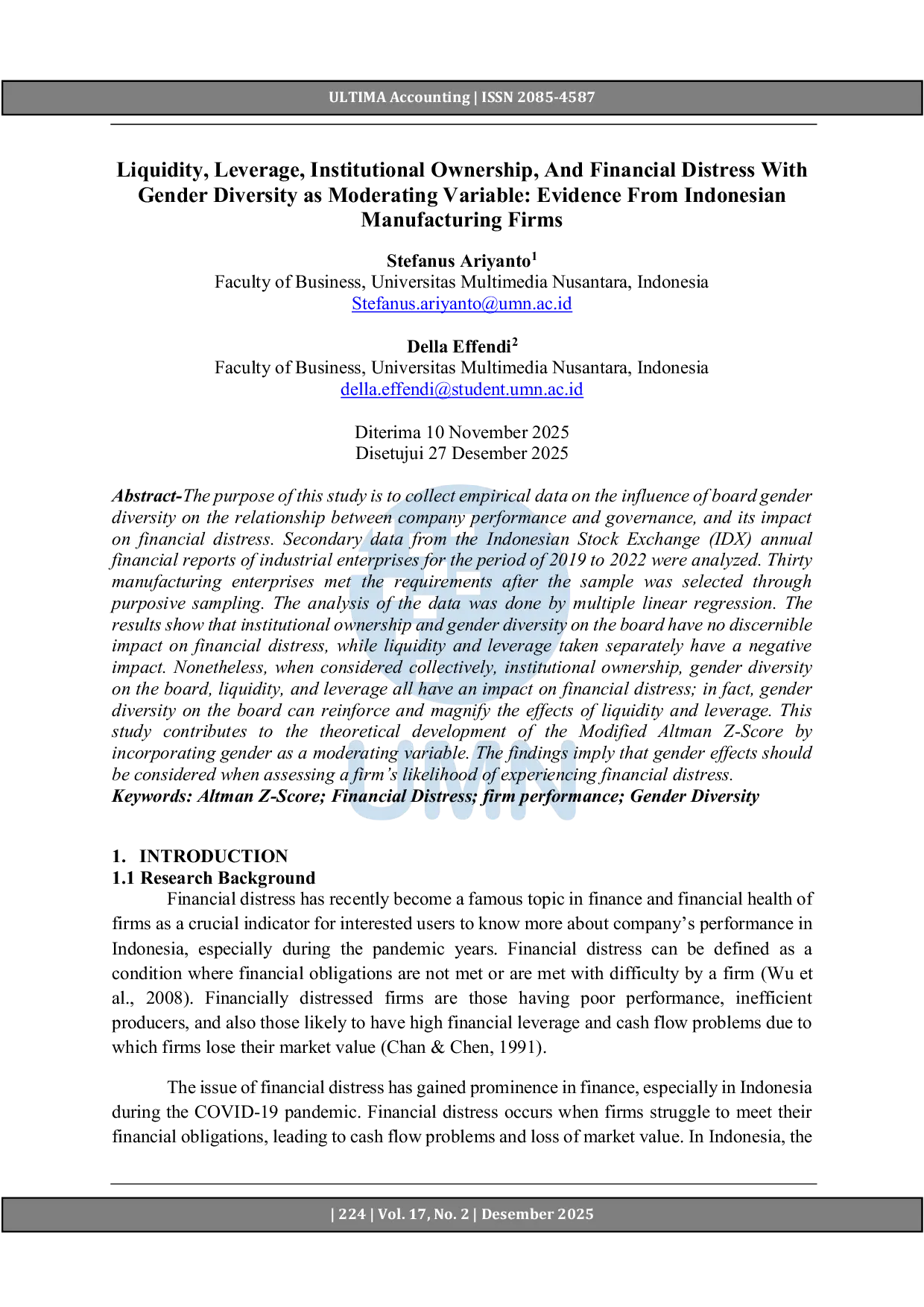 JURIS Kinerja dan Kesulitan Keuangan Perusahaan dengan Keberagaman Gender sebagai Variabel Moderasi antara