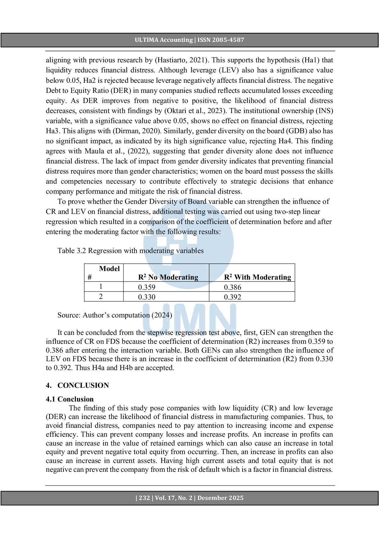 JURIS Kinerja dan Kesulitan Keuangan Perusahaan dengan Keberagaman Gender sebagai Variabel Moderasi antara