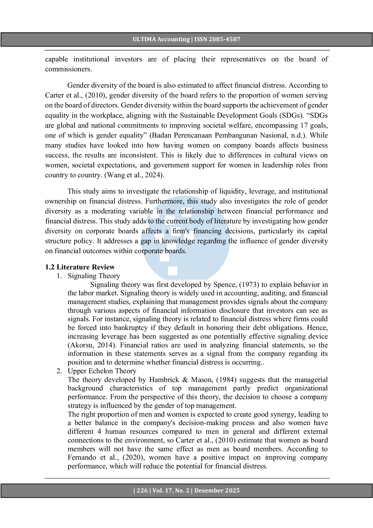 JURIS Kinerja dan Kesulitan Keuangan Perusahaan dengan Keberagaman Gender sebagai Variabel Moderasi antara