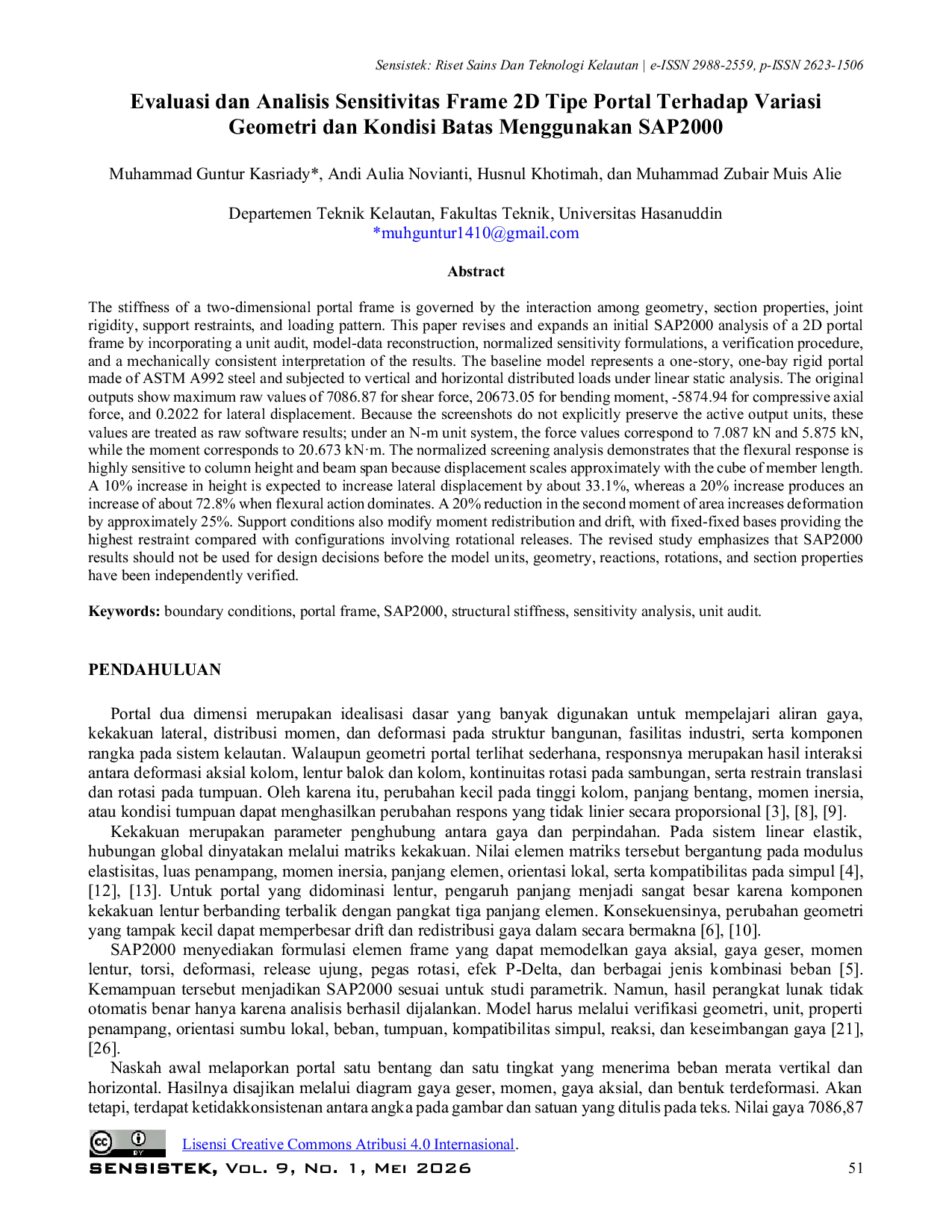 JURIS Evaluation and Sensitivity Analysis of a 2D Portal Frame under Variations in Geometry and Boundary Conditions Using SAP2000