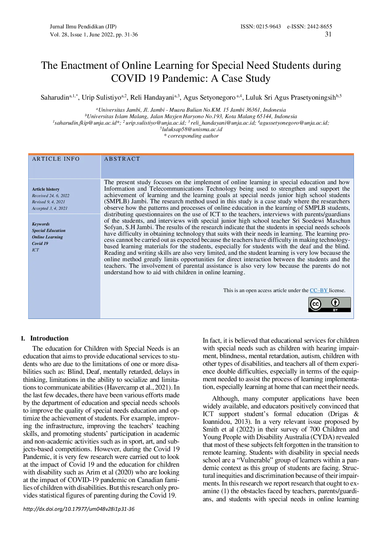 JURIS The Enactment of Online Learning for Special Need Students during COVID 19 Pandemic A Case Study