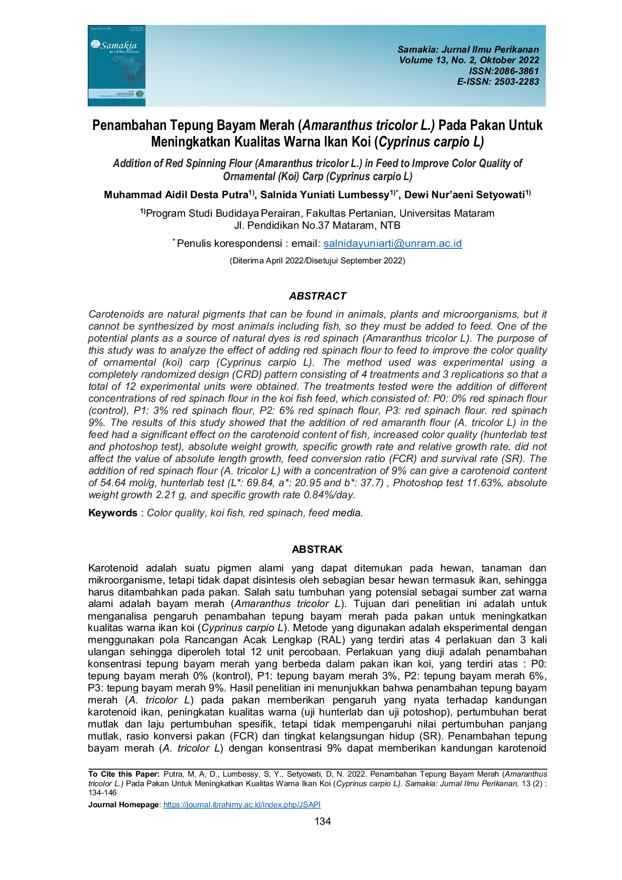 JURIS Penambahan Tepung Bayam Merah Amaranthus tricolor L Pada Pakan Untuk Meningkatkan Kualitas Warna Ikan Koi Cyprinus carpio L
