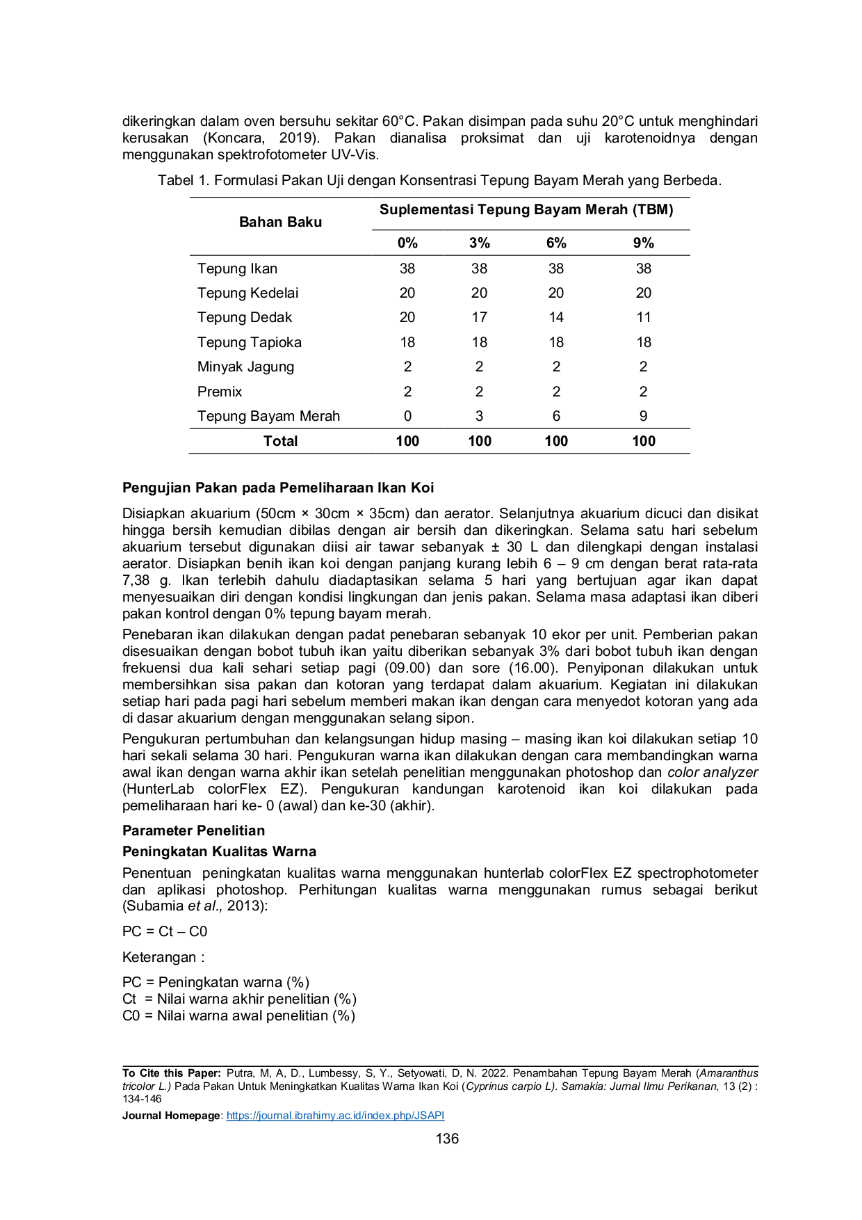 JURIS Penambahan Tepung Bayam Merah Amaranthus tricolor L Pada Pakan Untuk Meningkatkan Kualitas Warna Ikan Koi Cyprinus carpio L