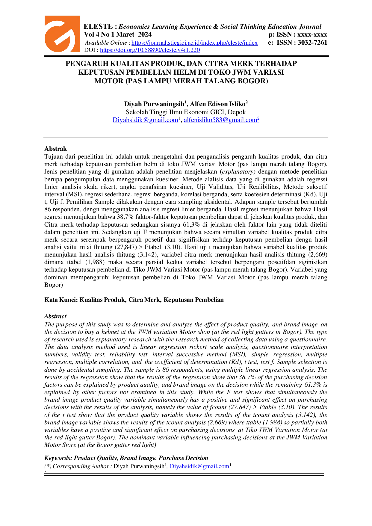 JURIS PENGARUH KUALITAS PRODUK DAN CITRA MERK TERHADAP KEPUTUSAN PEMBELIAN HELM DI TOKO JWM VARIASI MOTOR PAS LAMPU MERAH TALANG BOGOR