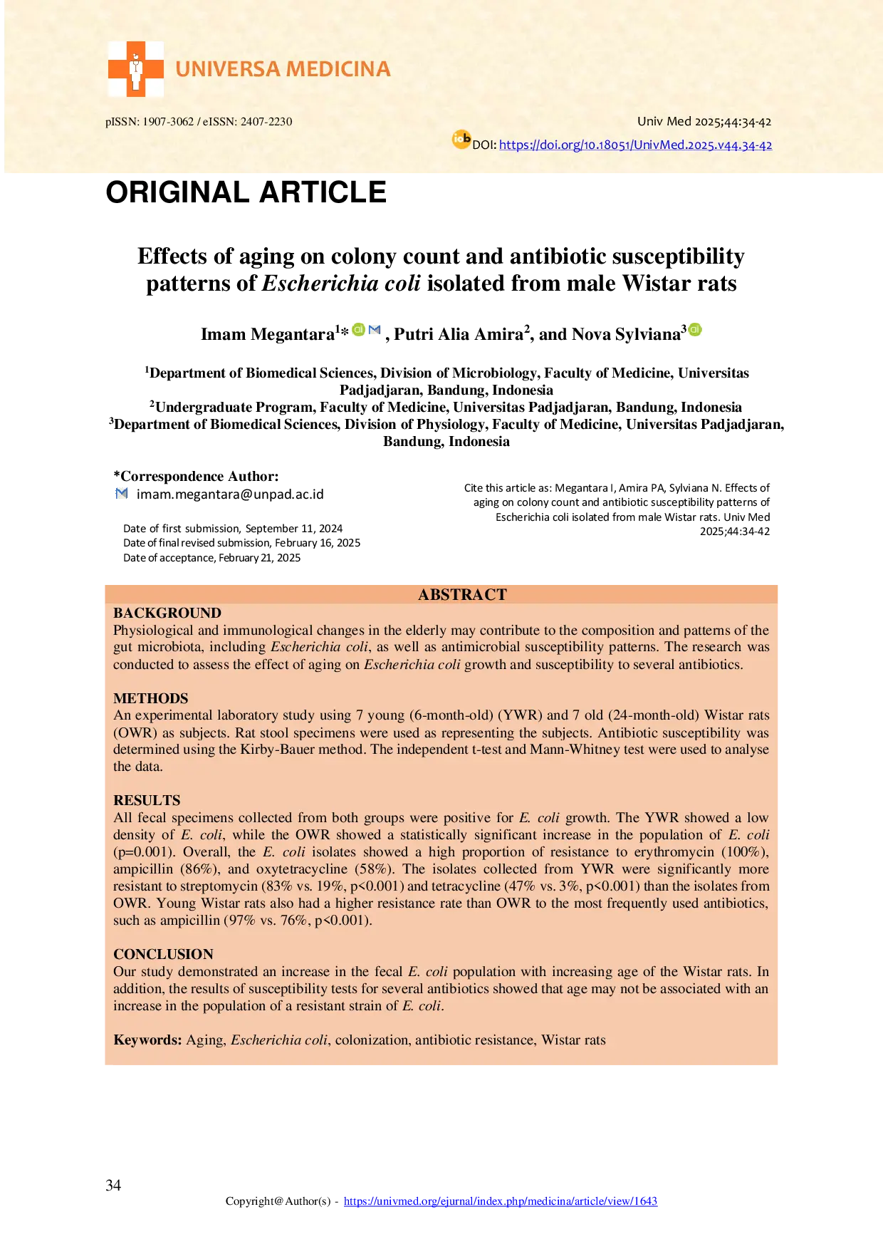 JURIS Effects Of Aging On Colony Count And Antibiotic Susceptibility Patterns Of Escherichia Coli Isolated From Male Wistar Rats