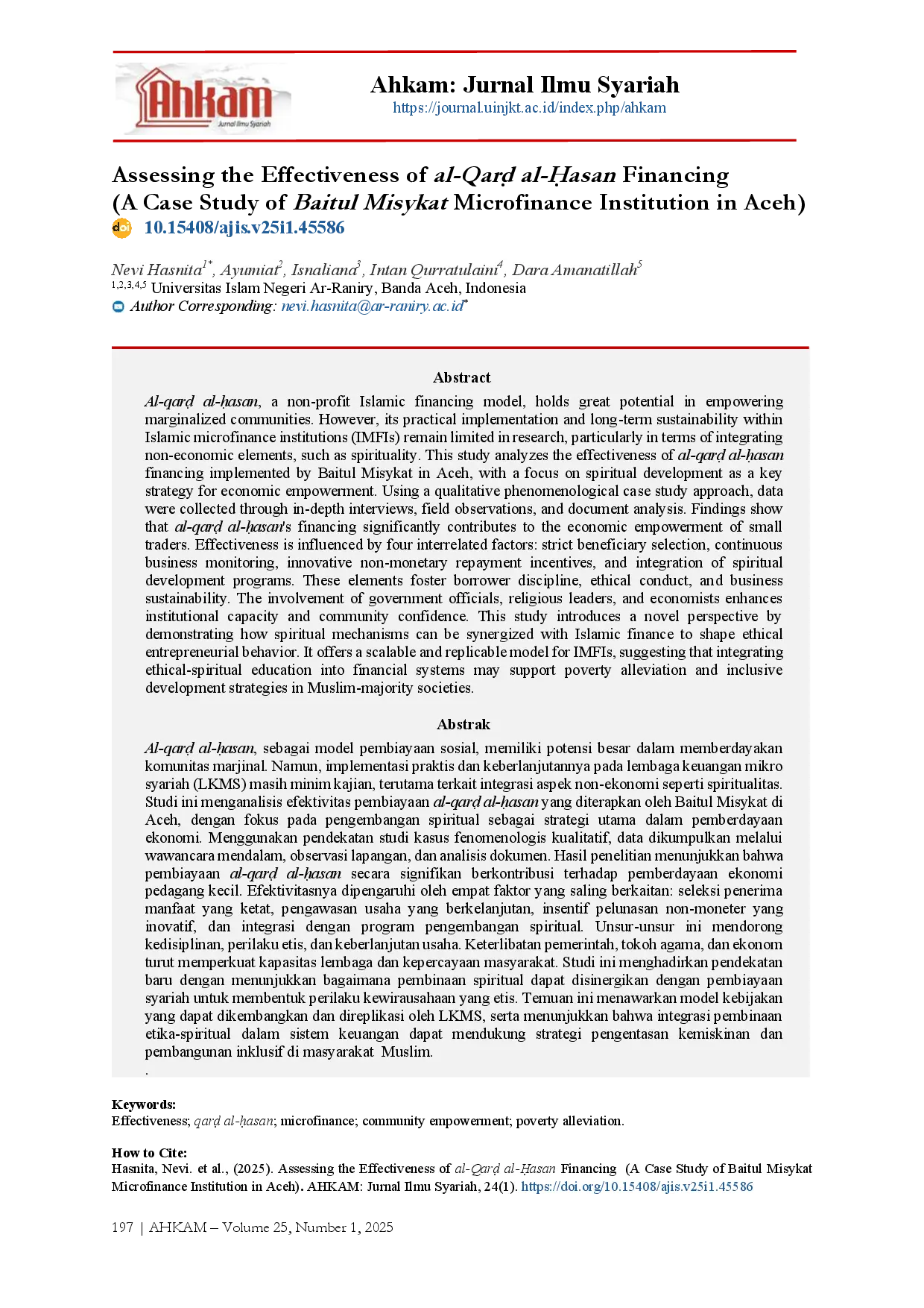 juris Assessing the Effectiveness of al Qard al Hasan Financing A Case Study of Baitul Misykat Microfinance Institution in Aceh