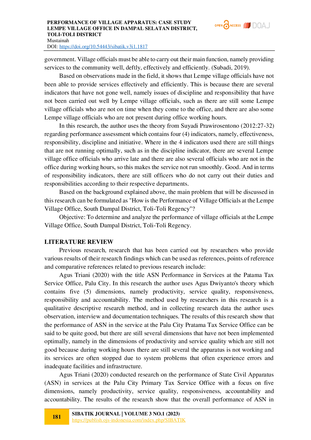 juris Performance of Village Apparatus Case Study of Lempe Village Office in Dampal Selatan District ToliAcToli District