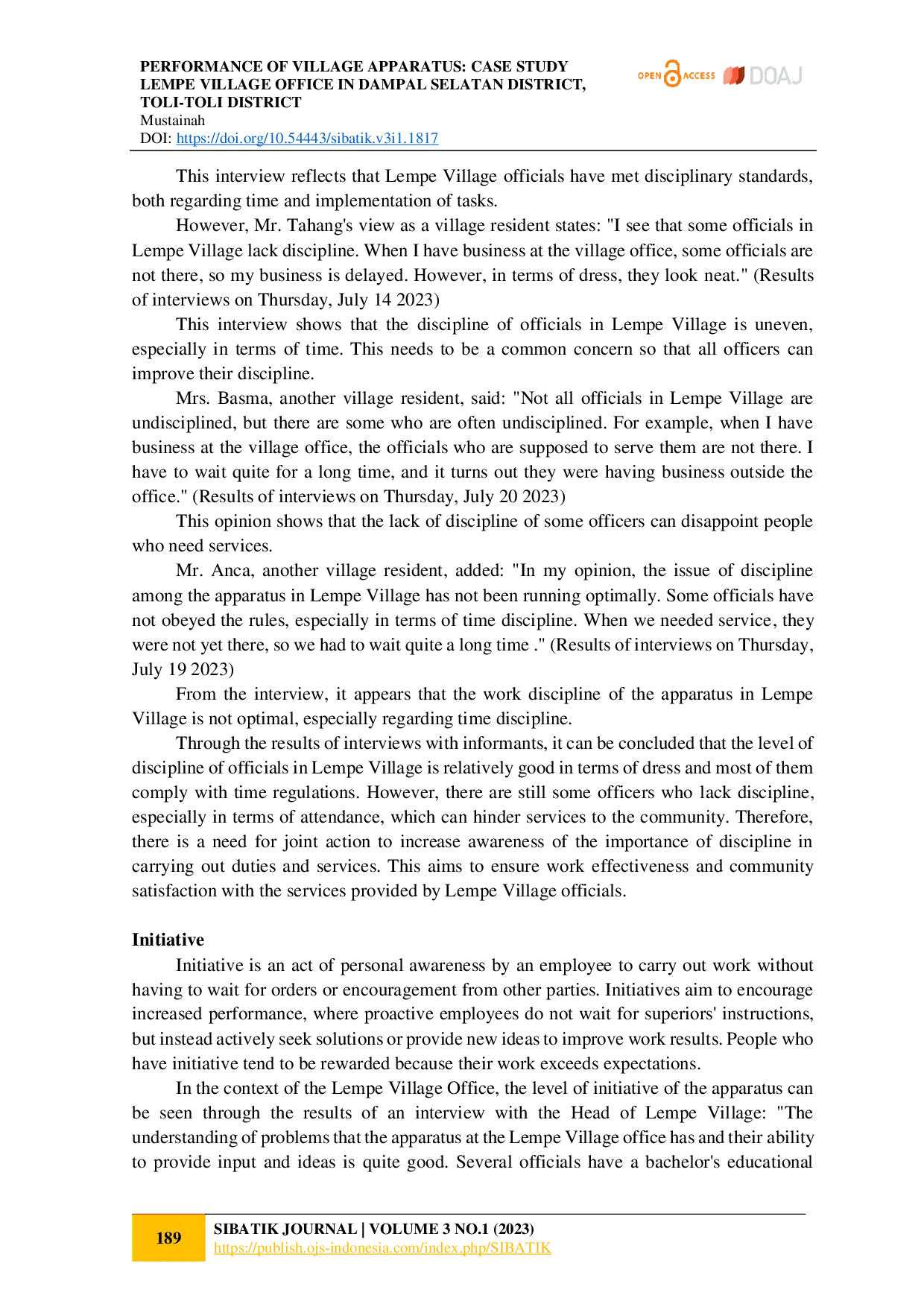 juris Performance of Village Apparatus Case Study of Lempe Village Office in Dampal Selatan District ToliAcToli District