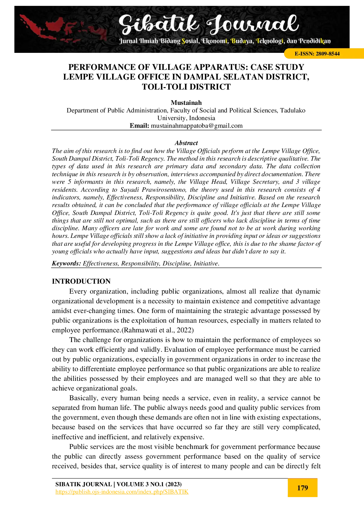 juris Performance of Village Apparatus Case Study of Lempe Village Office in Dampal Selatan District ToliAcToli District