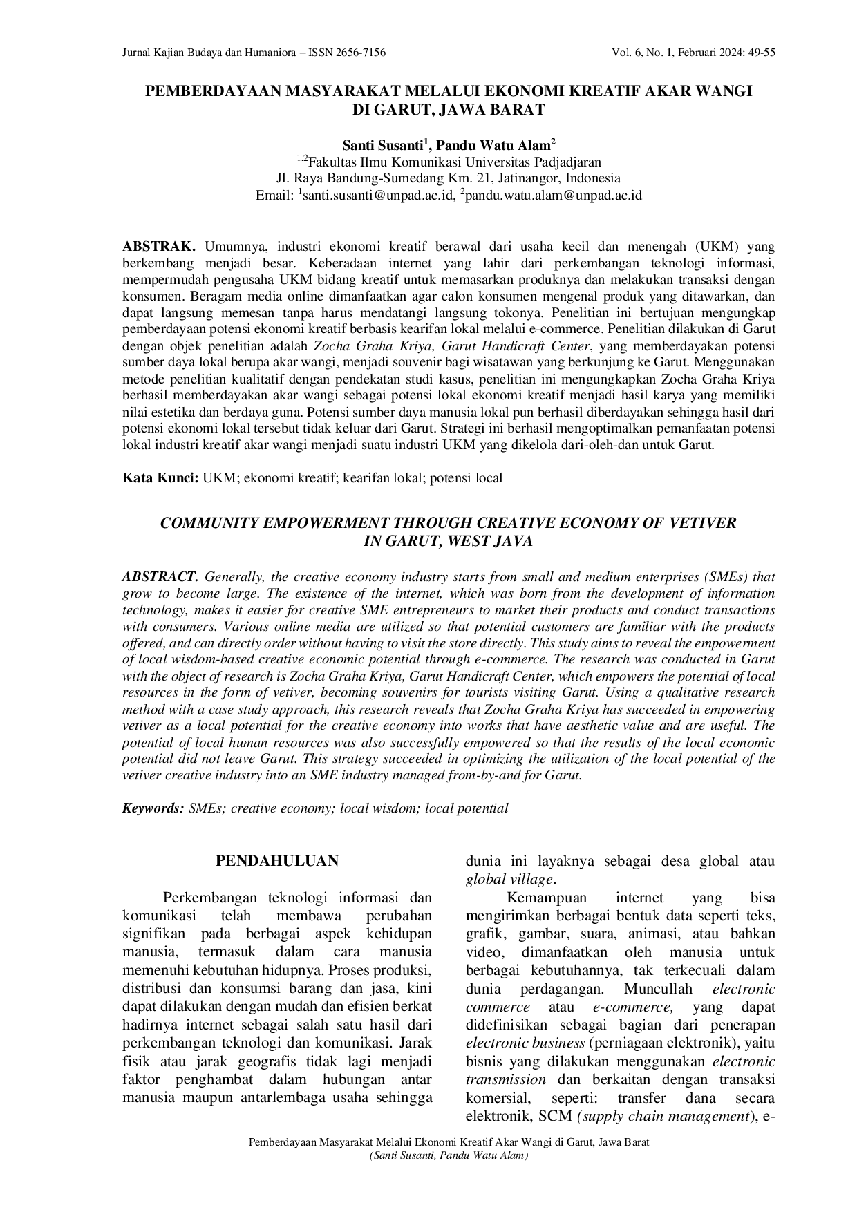 JURIS Pemberdayaan Masyarakat Melalui Ekonomi Kreatif Akar Wangi Di Garut Jawa Barat