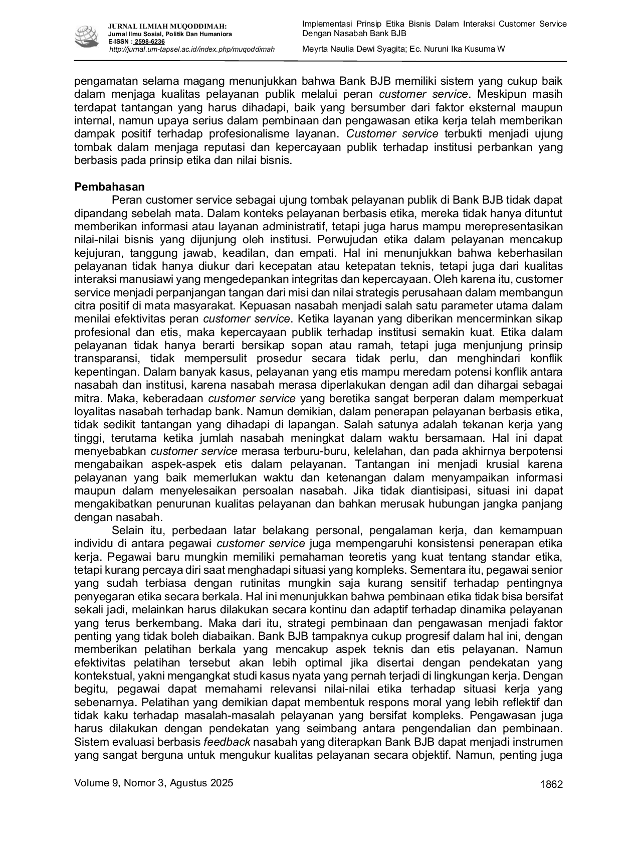 JURIS Implementasi Prinsip Etika Bisnis Dalam Interaksi Customer Service Dengan Nasabah Bank BJB