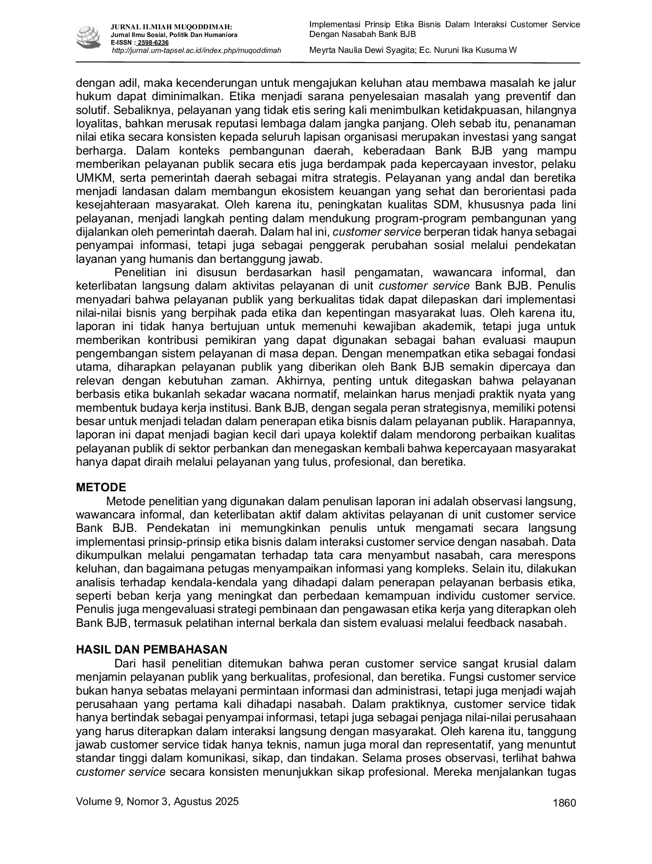 JURIS Implementasi Prinsip Etika Bisnis Dalam Interaksi Customer Service Dengan Nasabah Bank BJB