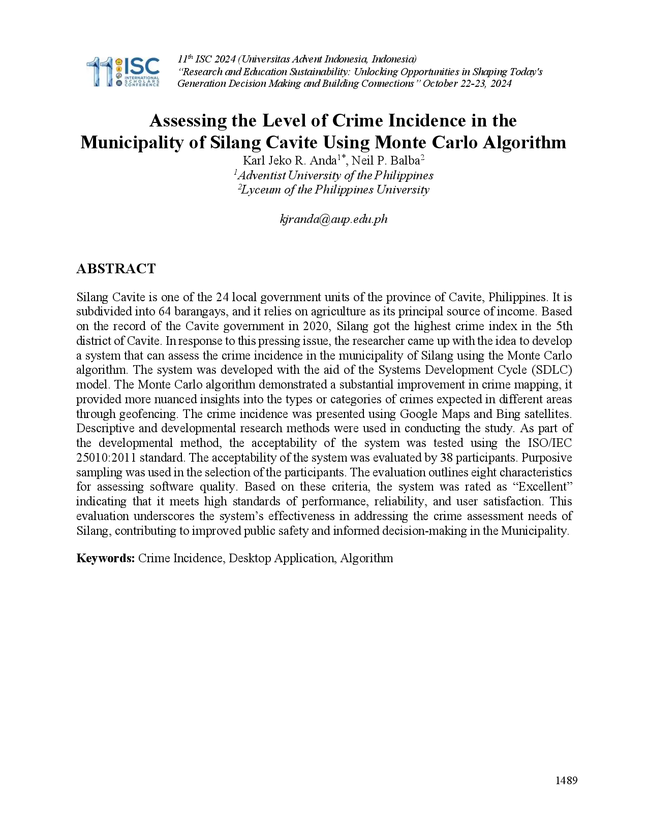 juris Assessing the Level of Crime Incidence in the Municipality of Silang Cavite Using Monte Carlo Algorithm