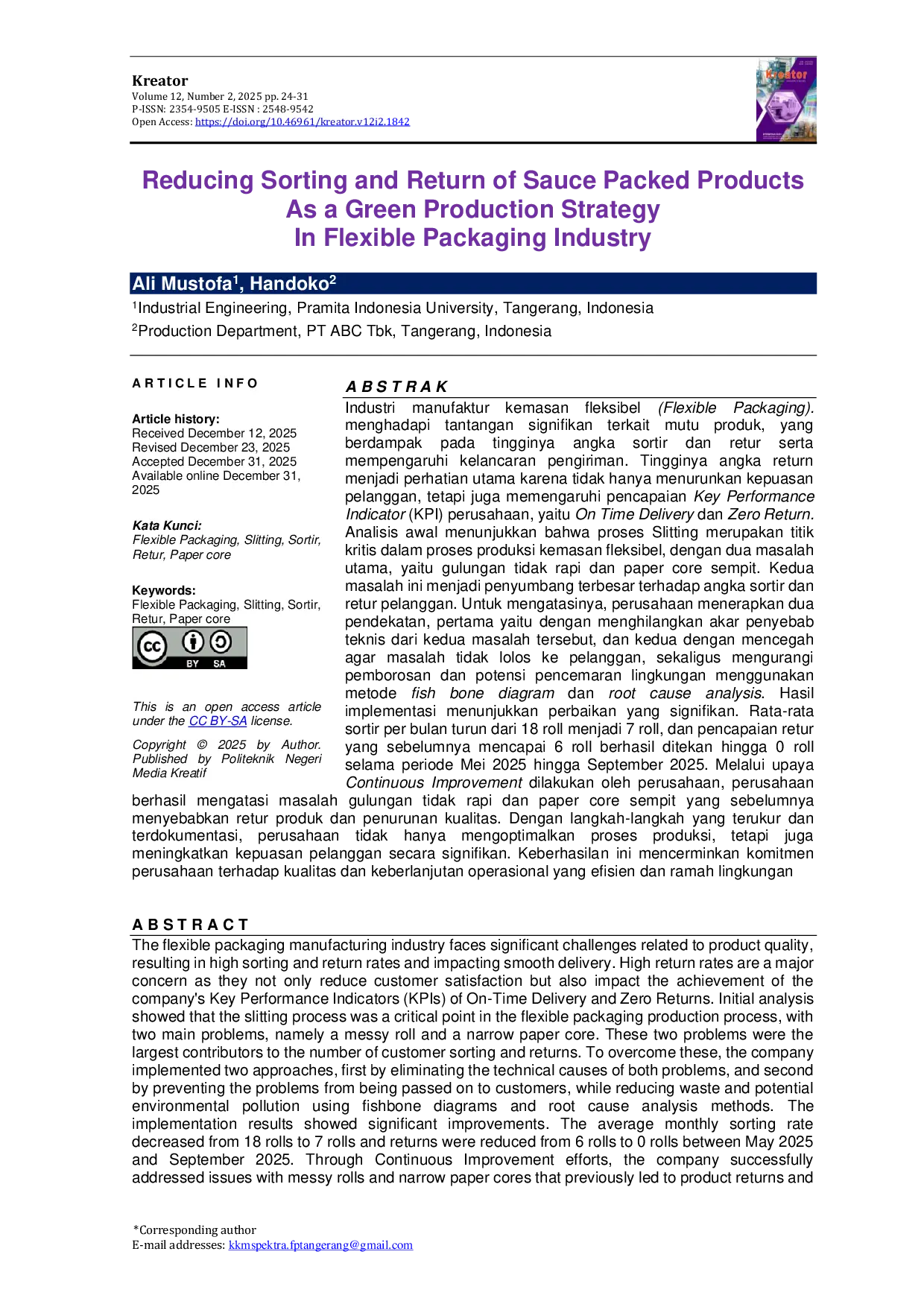 JURIS Reducing Sorting and Return of Sauce Packed Products as a Green Production Strategy in Flexible Packaging Industry