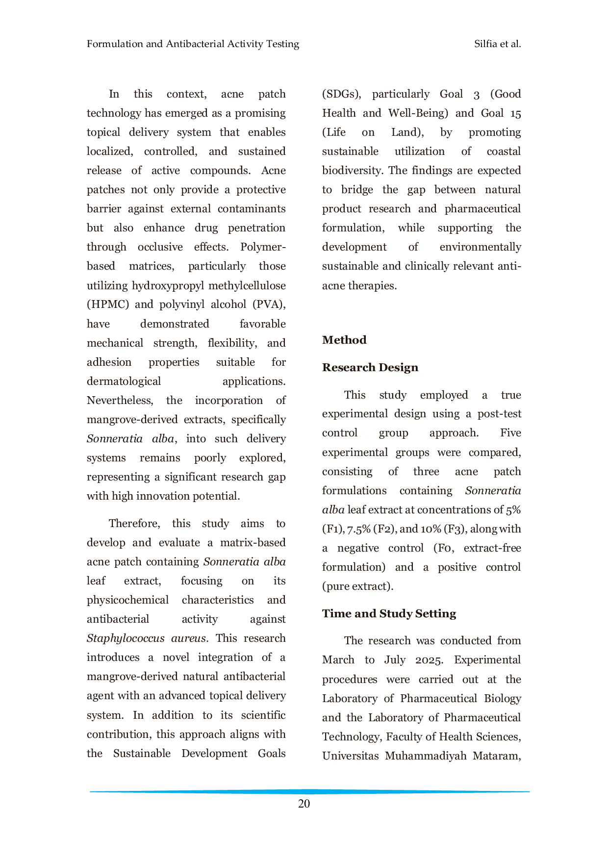 JURIS Formulation and Antibacterial Activity Testing of Acne Patch Containing Mangrove Leaf Extract Sonneratia alba Against Staphylococcus aureus