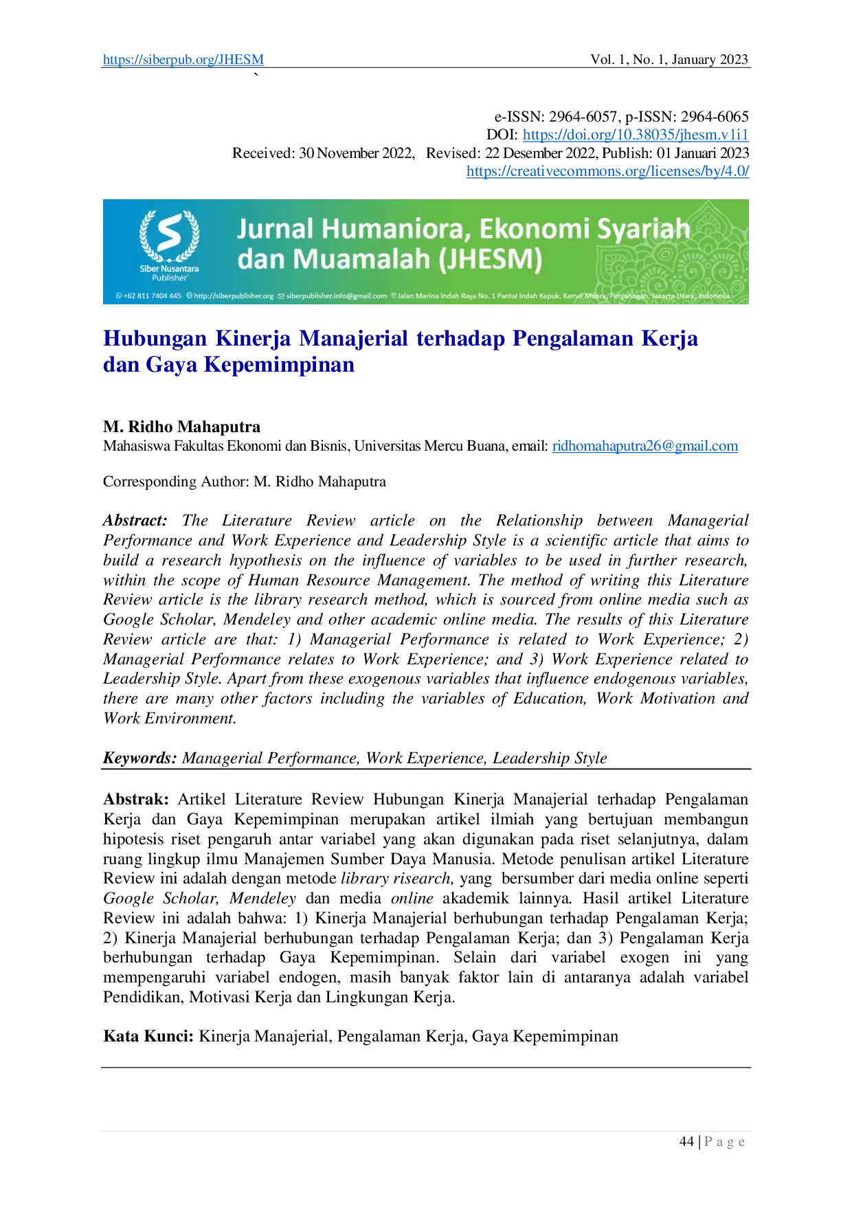 JURIS Hubungan Kinerja Manajerial terhadap Pengalaman Kerja dan Gaya Kepemimpinan